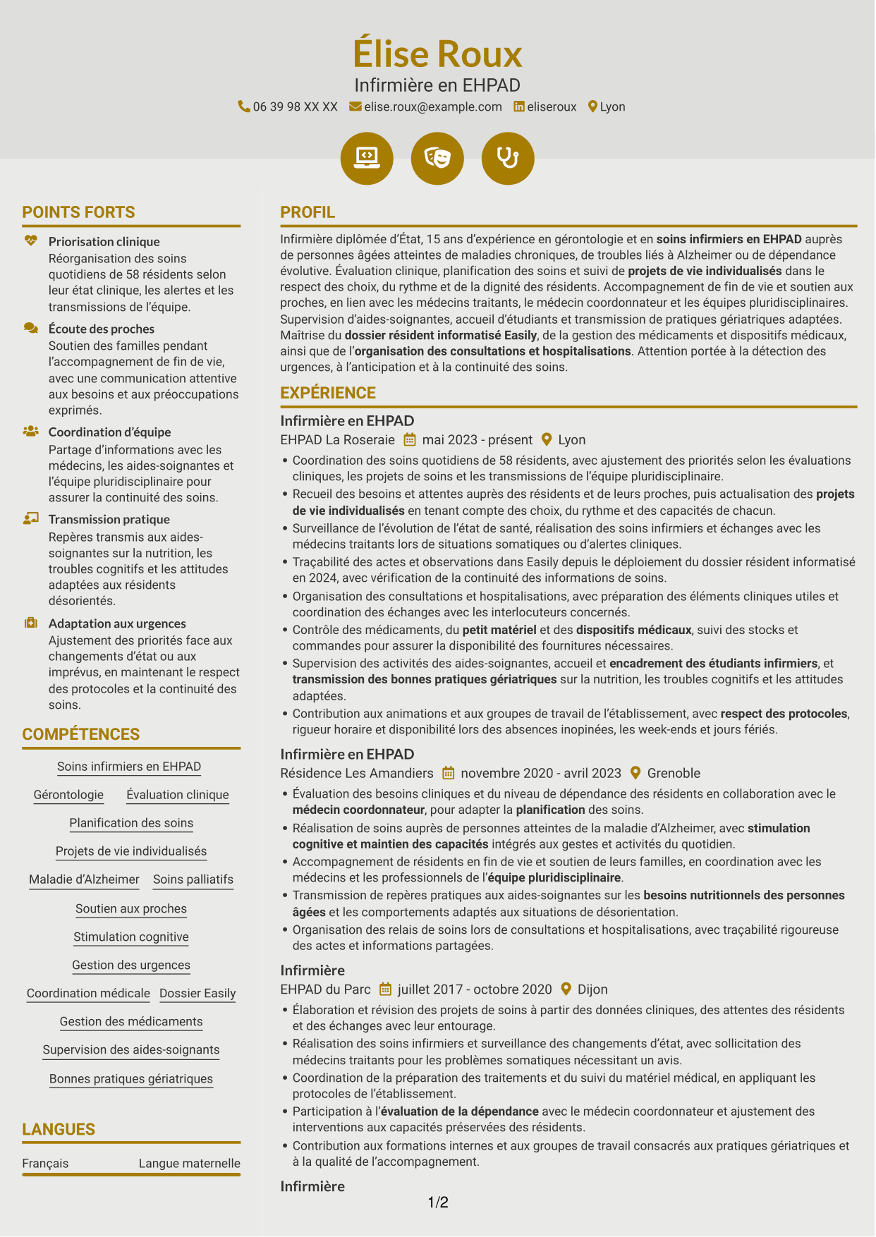CV Dynamique (format à deux colonnes avec icônes) : Infirmier en EHPAD - Gérontologie, page 1