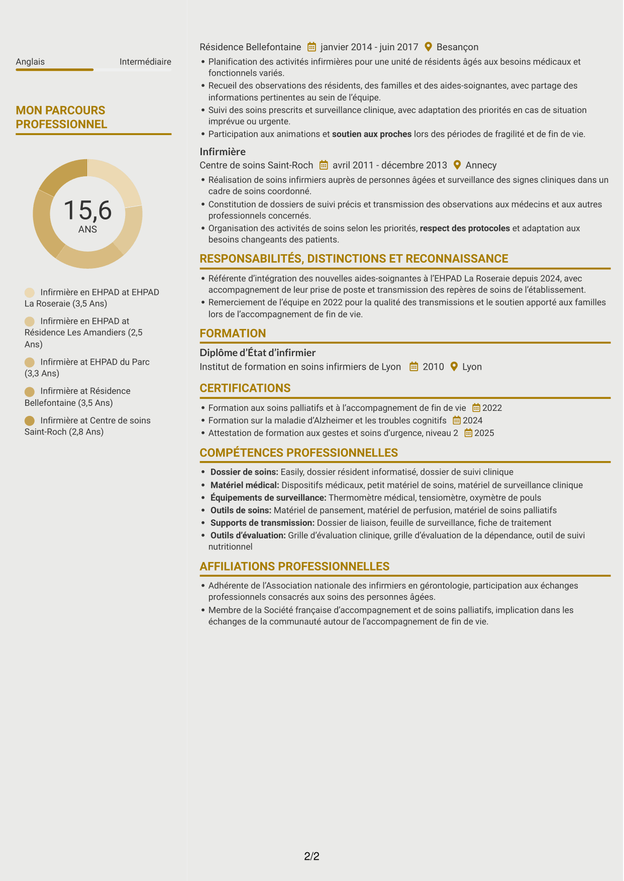 CV Dynamique (format à deux colonnes avec icônes) : Infirmier en EHPAD - Gérontologie, page 2
