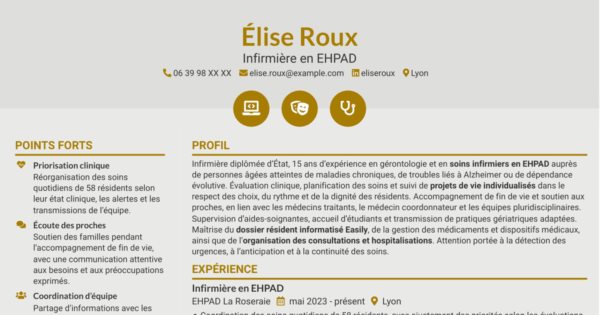 7 modèles de CV pour Infirmier en EHPAD - Gérontologie, avec exemples