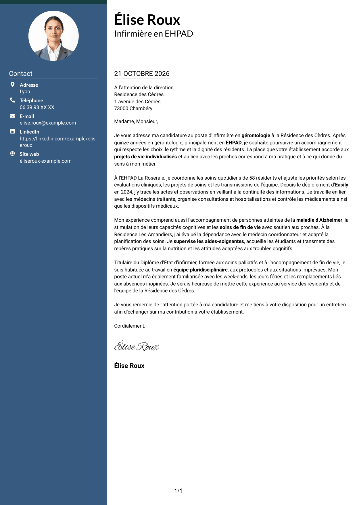 Lettre de motivation Élégant (format à colonne latérale colorée avec photo) : Infirmier en EHPAD - Gérontologie, page 1