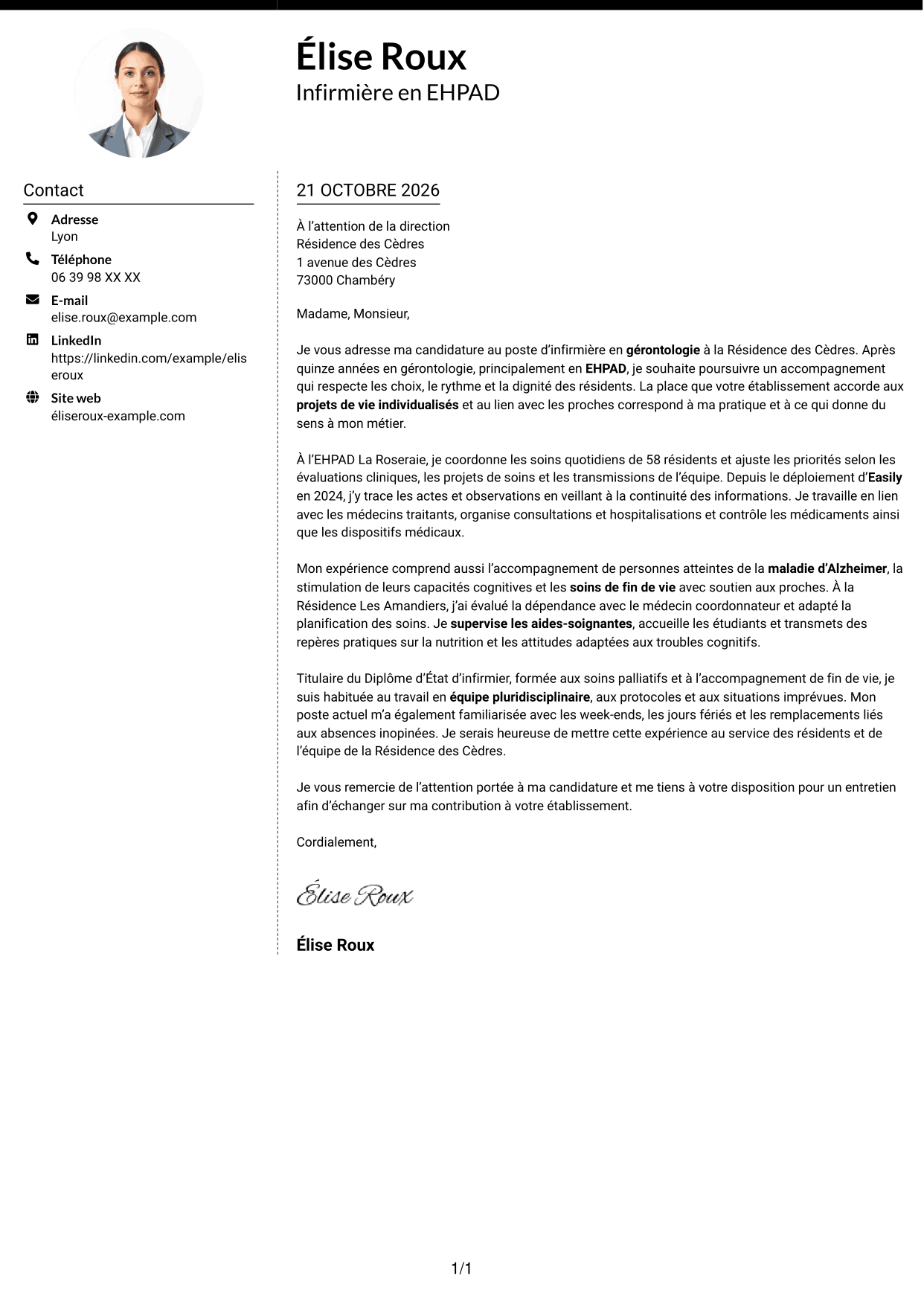Lettre de motivation Moderne (format à deux colonnes avec photo à gauche et séparateur) : Infirmier en EHPAD - Gérontologie, page 1