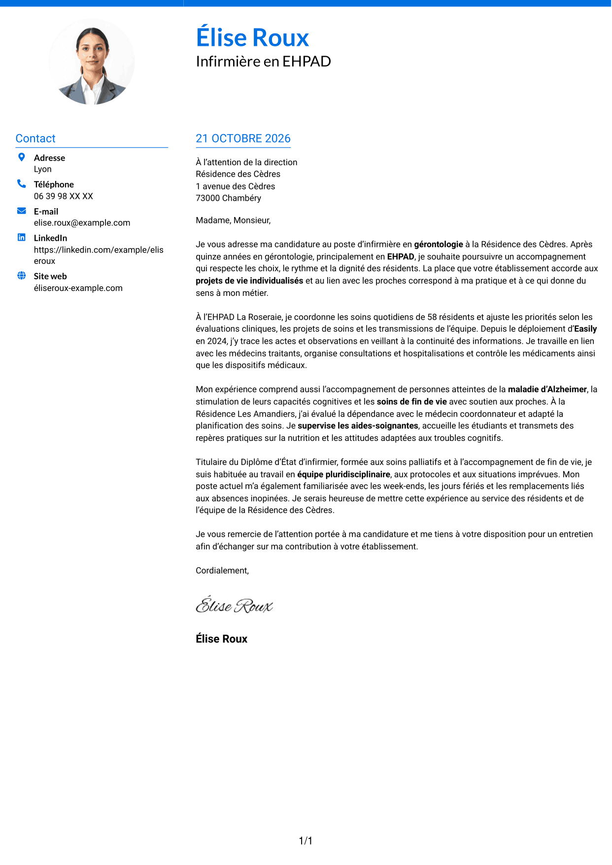 Lettre de motivation Audacieux (format à deux colonnes avec accents colorés et photo) : Infirmier en EHPAD - Gérontologie, page 1