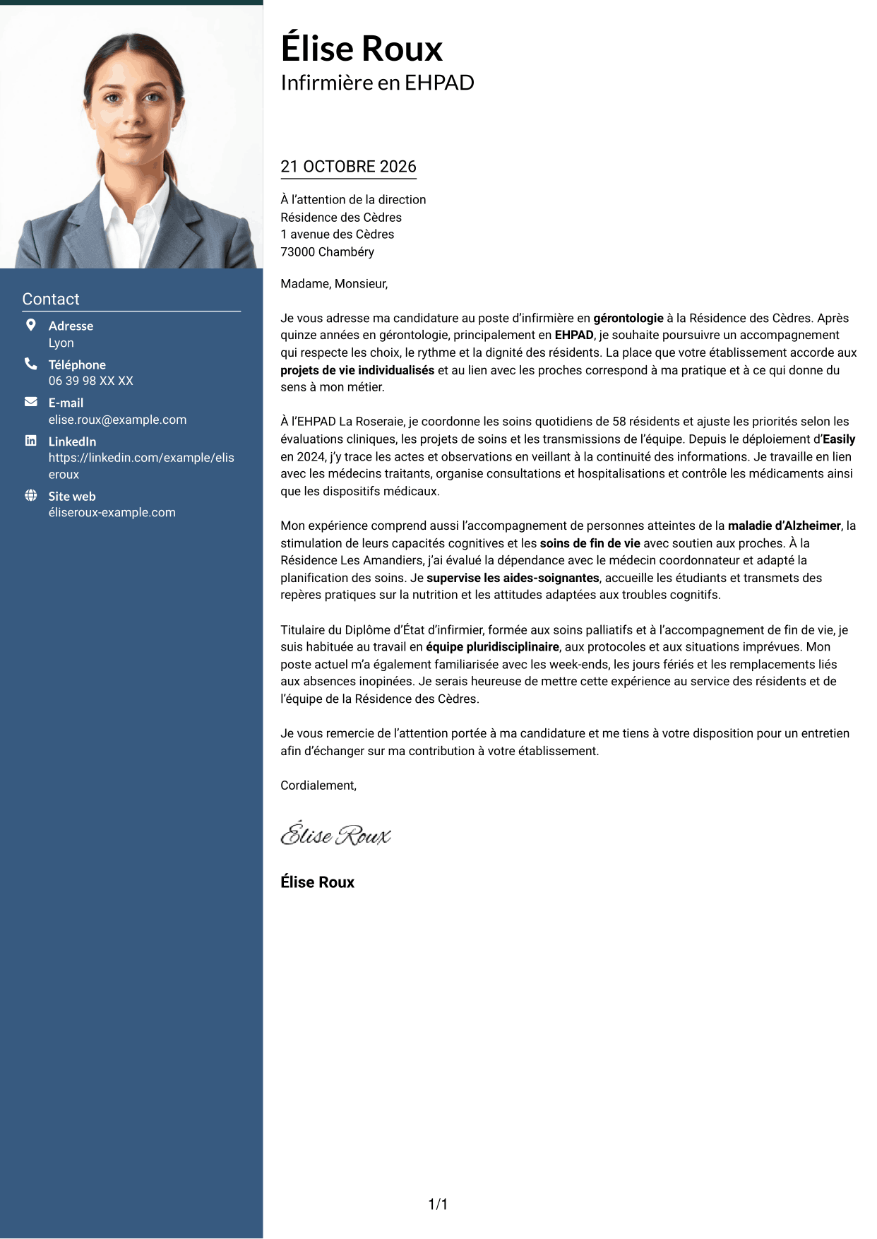 Lettre de motivation Signature (format à colonne latérale colorée avec grande photo) : Infirmier en EHPAD - Gérontologie, page 1