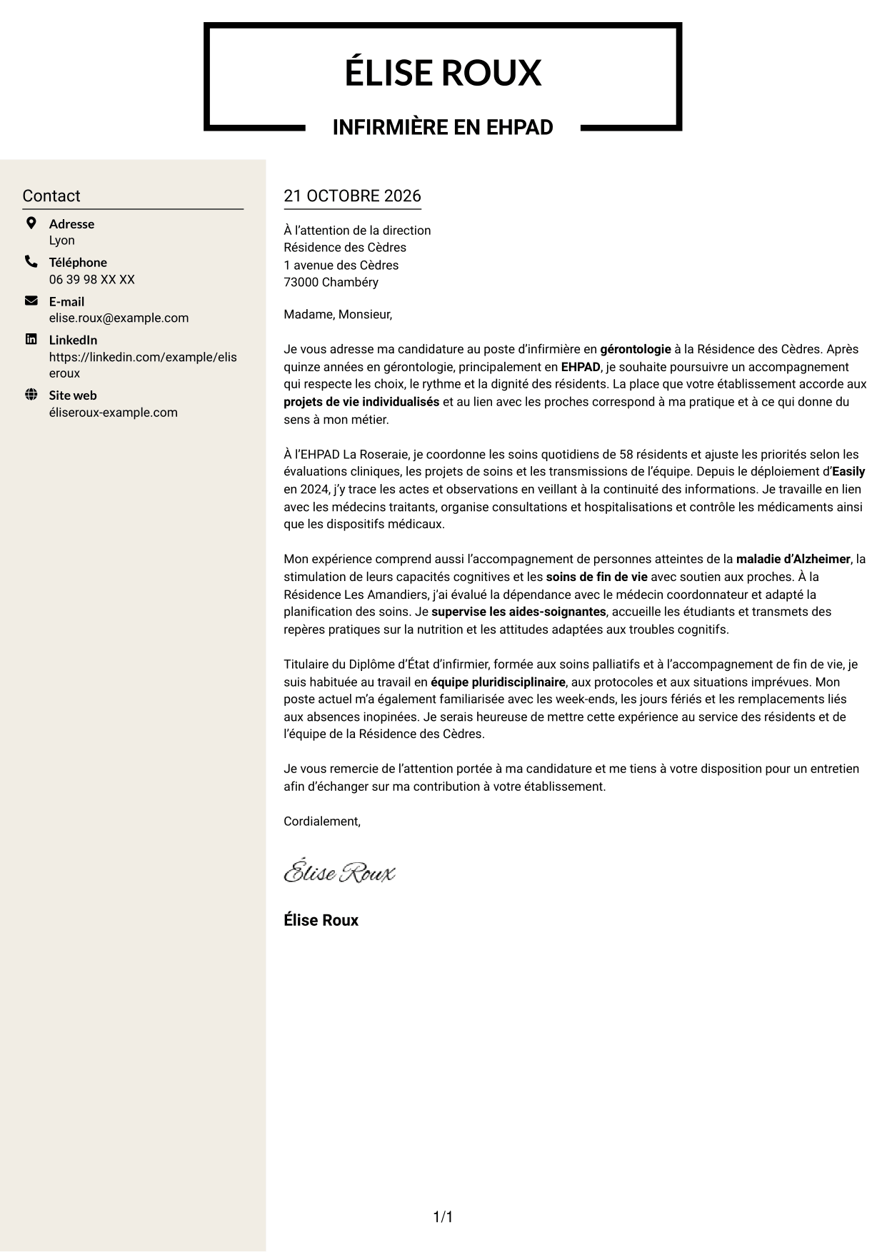 Lettre de motivation Fonceur (format à deux colonnes avec en-tête centré sans photo) : Infirmier en EHPAD - Gérontologie, page 1