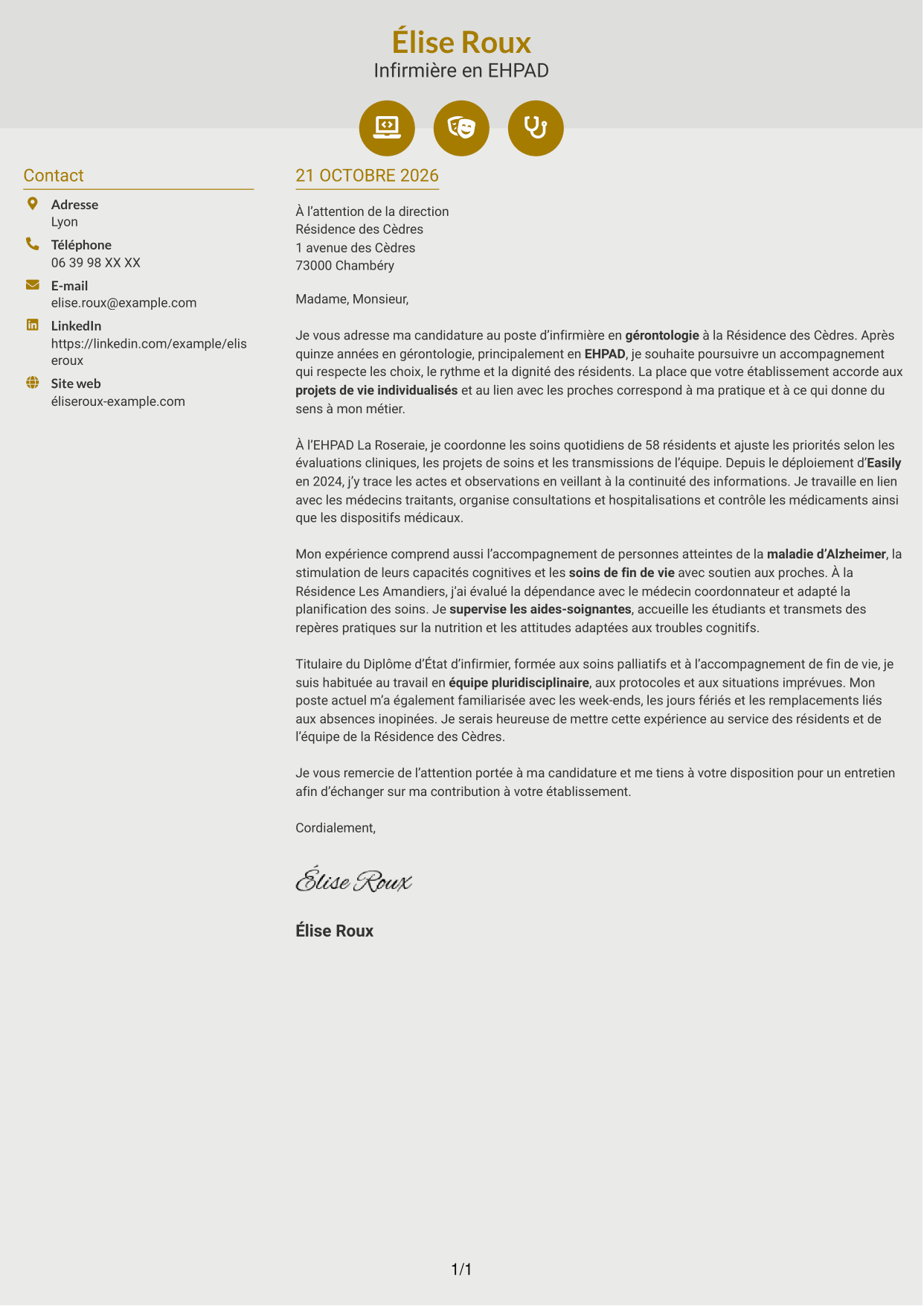 Lettre de motivation Dynamique (format à deux colonnes avec icônes) : Infirmier en EHPAD - Gérontologie, page 1