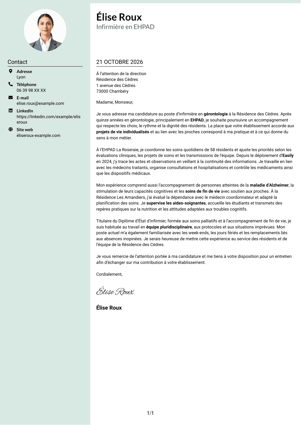 Lettre de motivation Cadre (format à colonne latérale douce avec photo arrondie) : Infirmier en EHPAD - Gérontologie, page 1