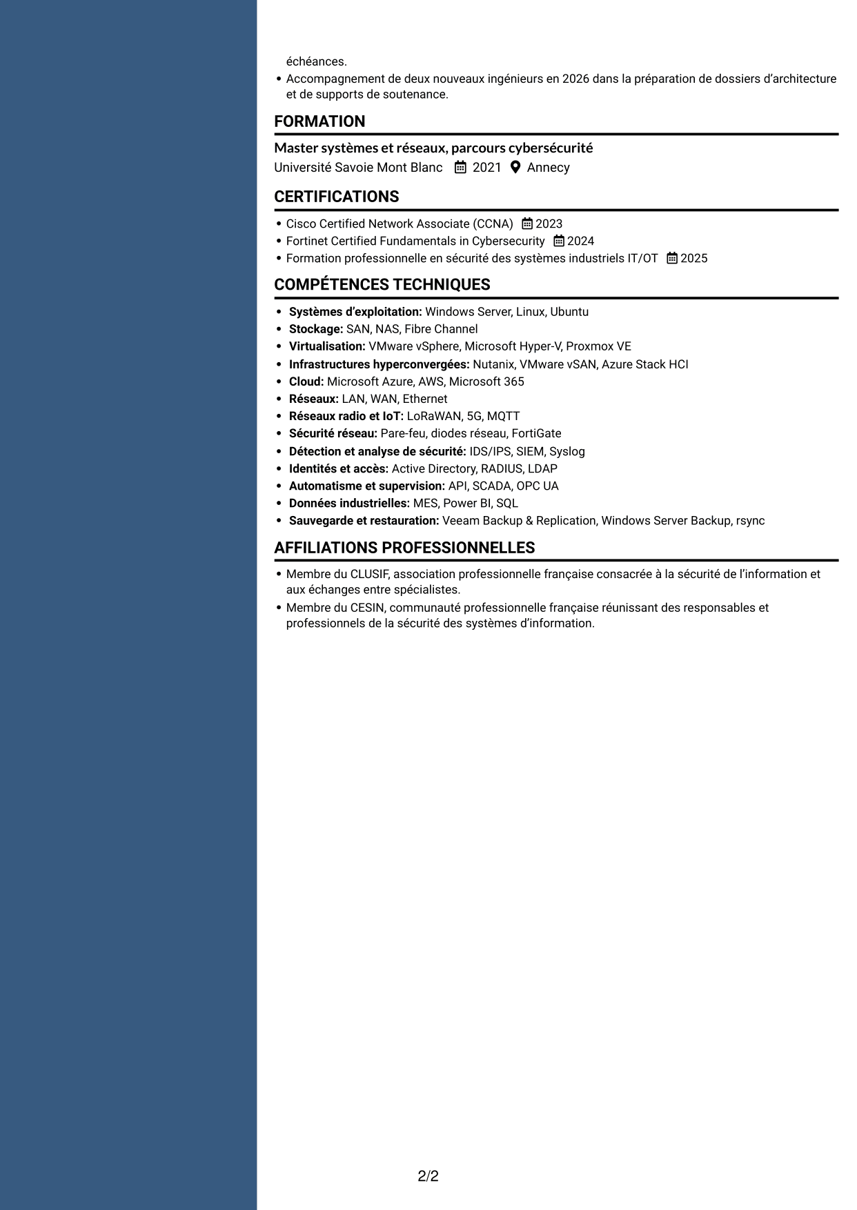CV Élégant (format à colonne latérale colorée avec photo) : Ingénieur Avant-Vente Junior - Systèmes, Réseaux et Cybersécurité, page 2