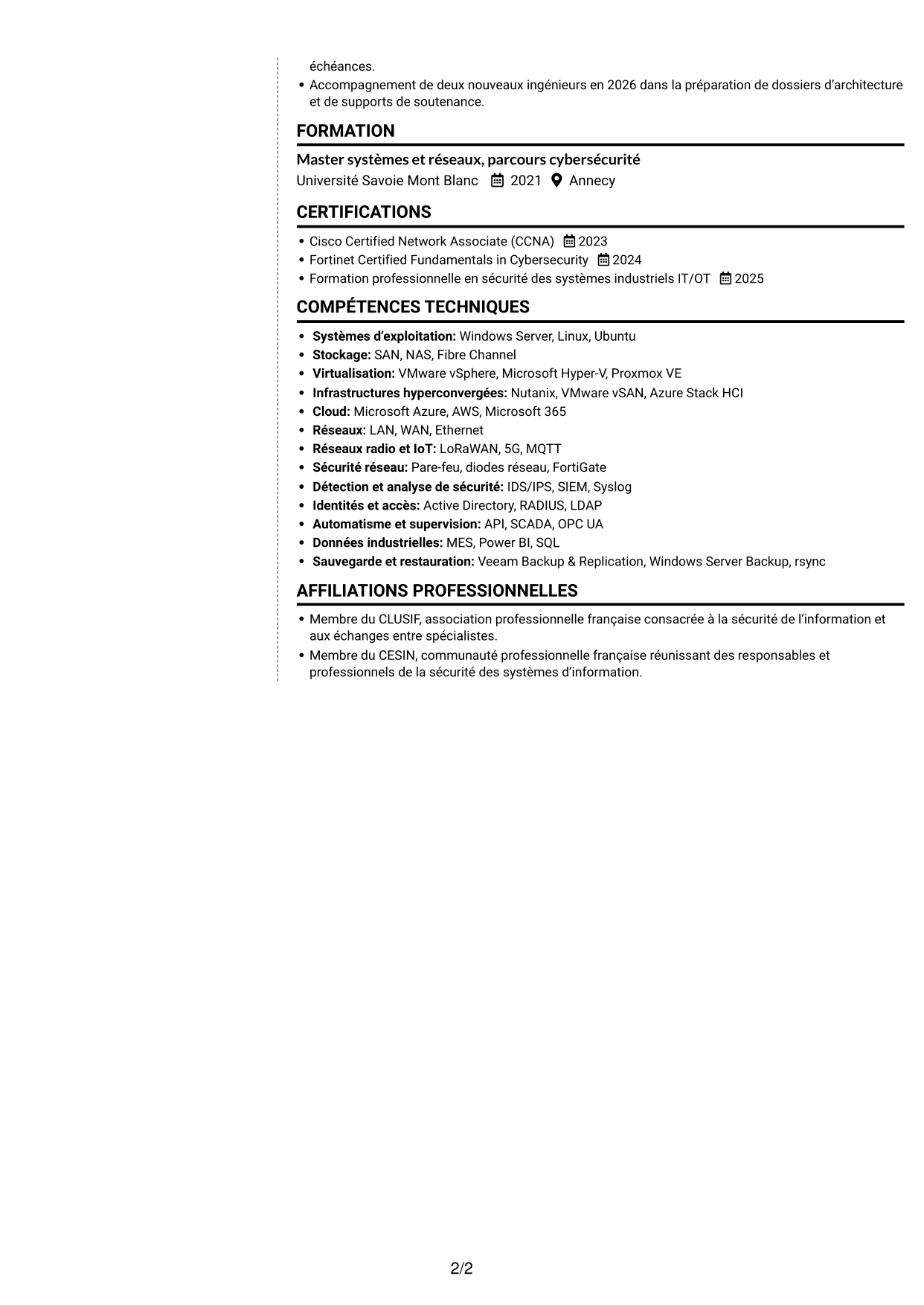 CV Moderne (format à deux colonnes avec photo à gauche et séparateur) : Ingénieur Avant-Vente Junior - Systèmes, Réseaux et Cybersécurité, page 2