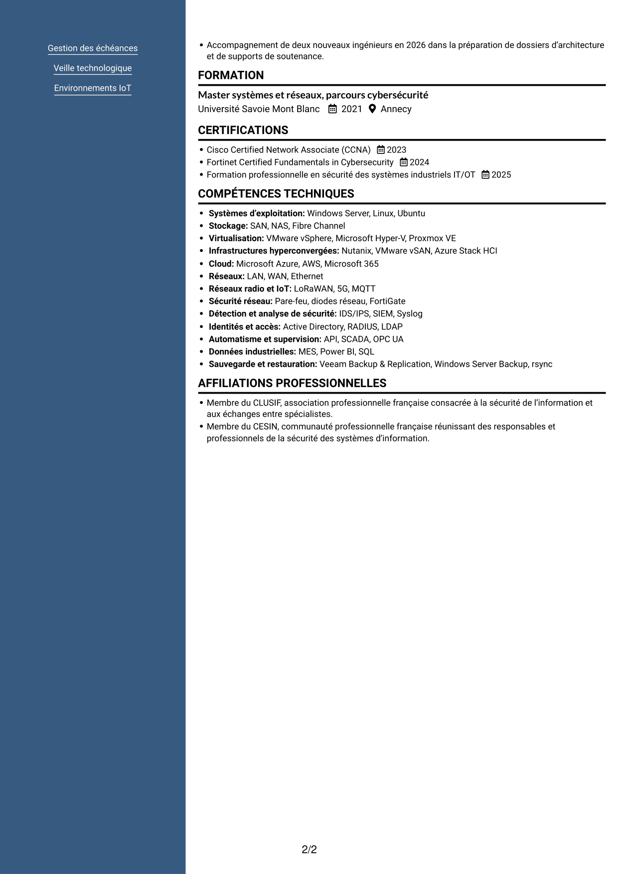 CV Signature (format à colonne latérale colorée avec grande photo) : Ingénieur Avant-Vente Junior - Systèmes, Réseaux et Cybersécurité, page 2