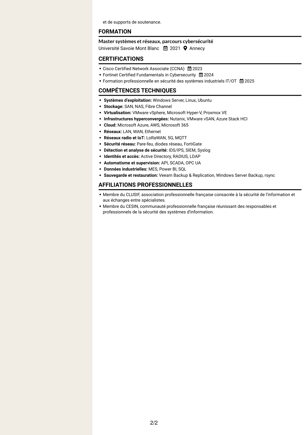 CV Fonceur (format à deux colonnes avec en-tête centré sans photo) : Ingénieur Avant-Vente Junior - Systèmes, Réseaux et Cybersécurité, page 2