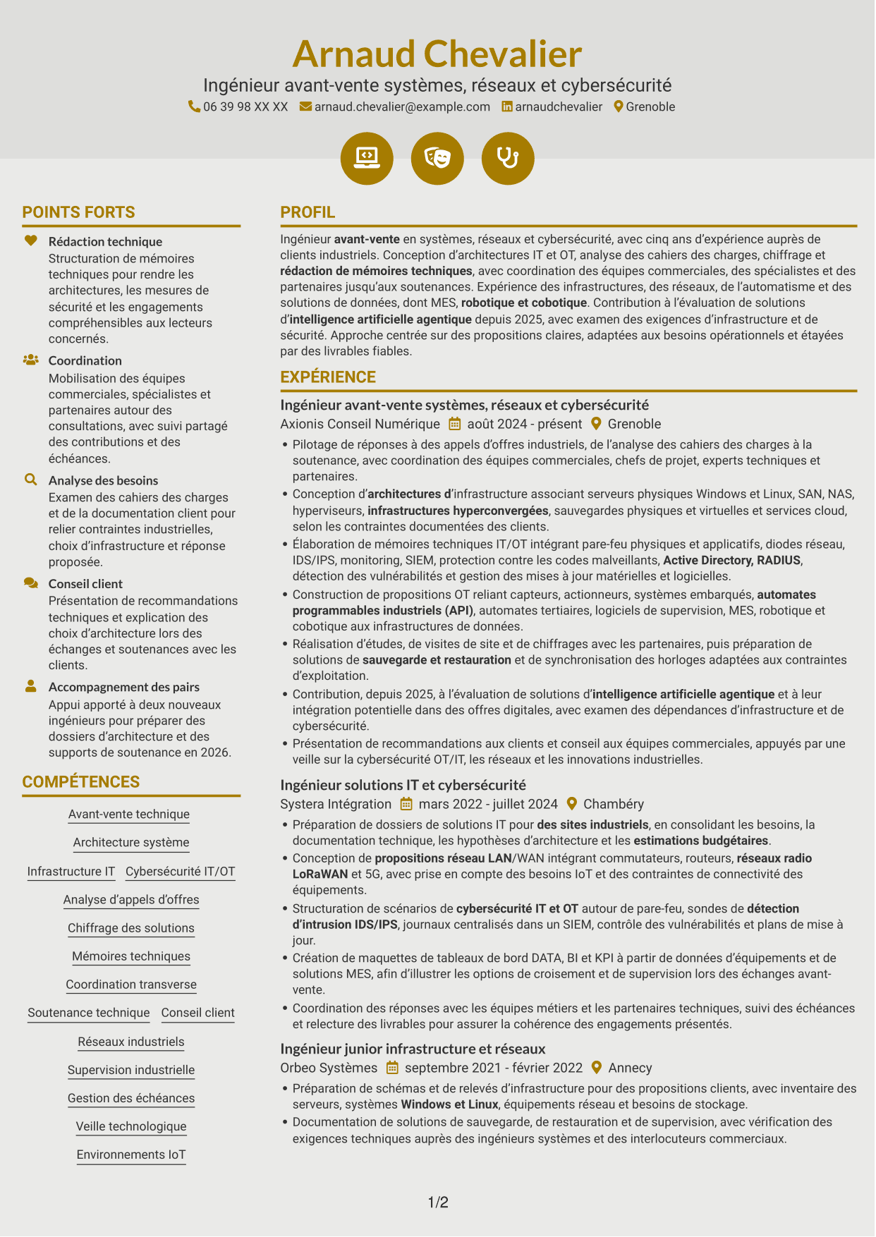 CV Dynamique (format à deux colonnes avec icônes) : Ingénieur Avant-Vente Junior - Systèmes, Réseaux et Cybersécurité, page 1