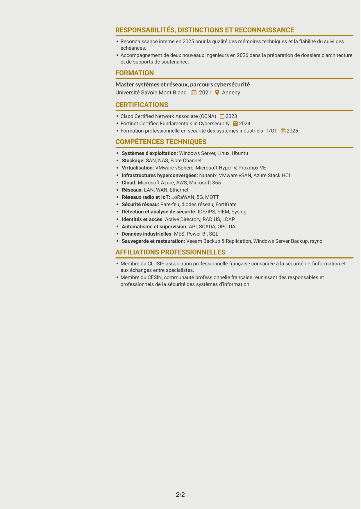 CV Dynamique (format à deux colonnes avec icônes) : Ingénieur Avant-Vente Junior - Systèmes, Réseaux et Cybersécurité, page 2