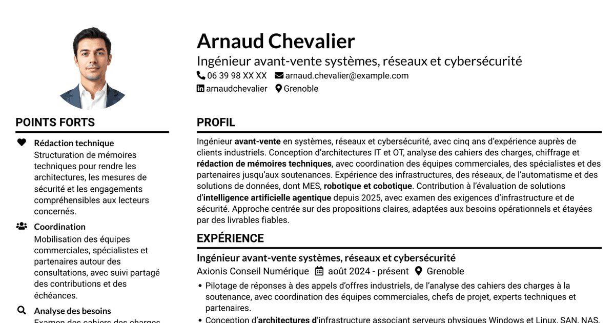 7 modèles de CV pour Ingénieur Avant-Vente Junior - Systèmes, Réseaux et Cybersécurité, avec exemples