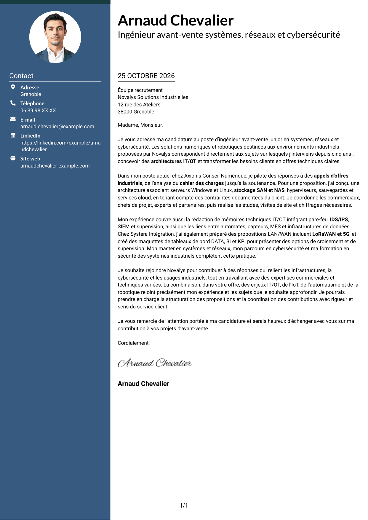 Lettre de motivation Élégant (format à colonne latérale colorée avec photo) : Ingénieur Avant-Vente Junior - Systèmes, Réseaux et Cybersécurité, page 1