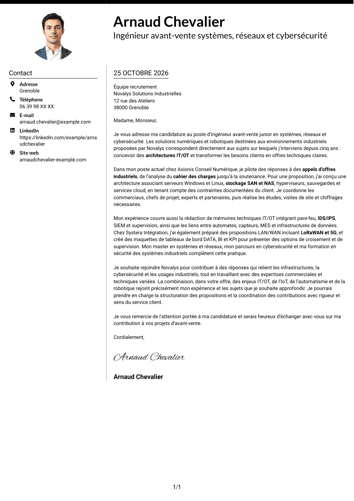 Lettre de motivation Moderne (format à deux colonnes avec photo à gauche et séparateur) : Ingénieur Avant-Vente Junior - Systèmes, Réseaux et Cybersécurité, page 1