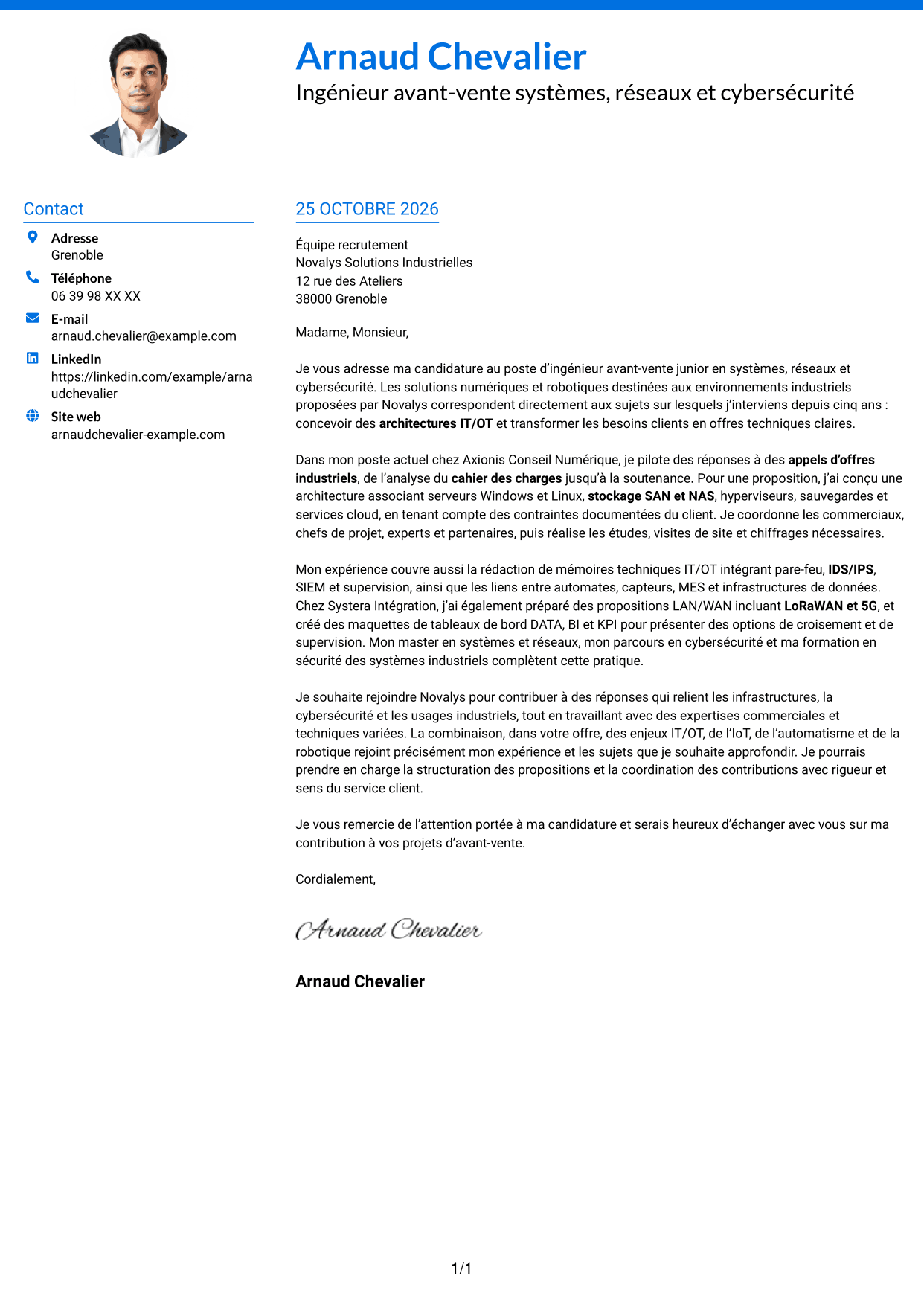 Lettre de motivation Audacieux (format à deux colonnes avec accents colorés et photo) : Ingénieur Avant-Vente Junior - Systèmes, Réseaux et Cybersécurité, page 1