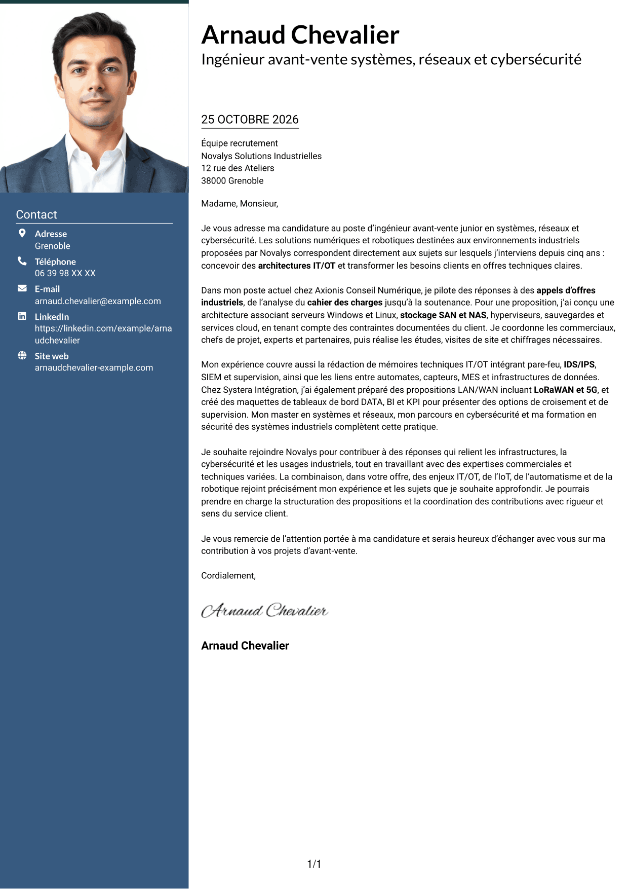 Lettre de motivation Signature (format à colonne latérale colorée avec grande photo) : Ingénieur Avant-Vente Junior - Systèmes, Réseaux et Cybersécurité, page 1