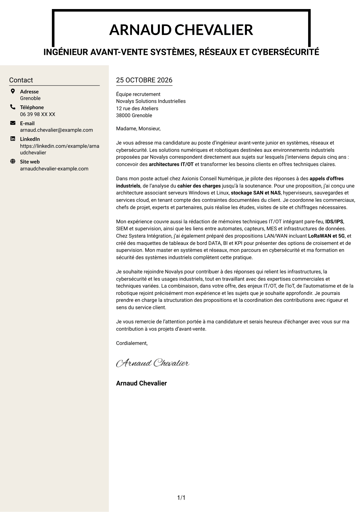 Lettre de motivation Fonceur (format à deux colonnes avec en-tête centré sans photo) : Ingénieur Avant-Vente Junior - Systèmes, Réseaux et Cybersécurité, page 1