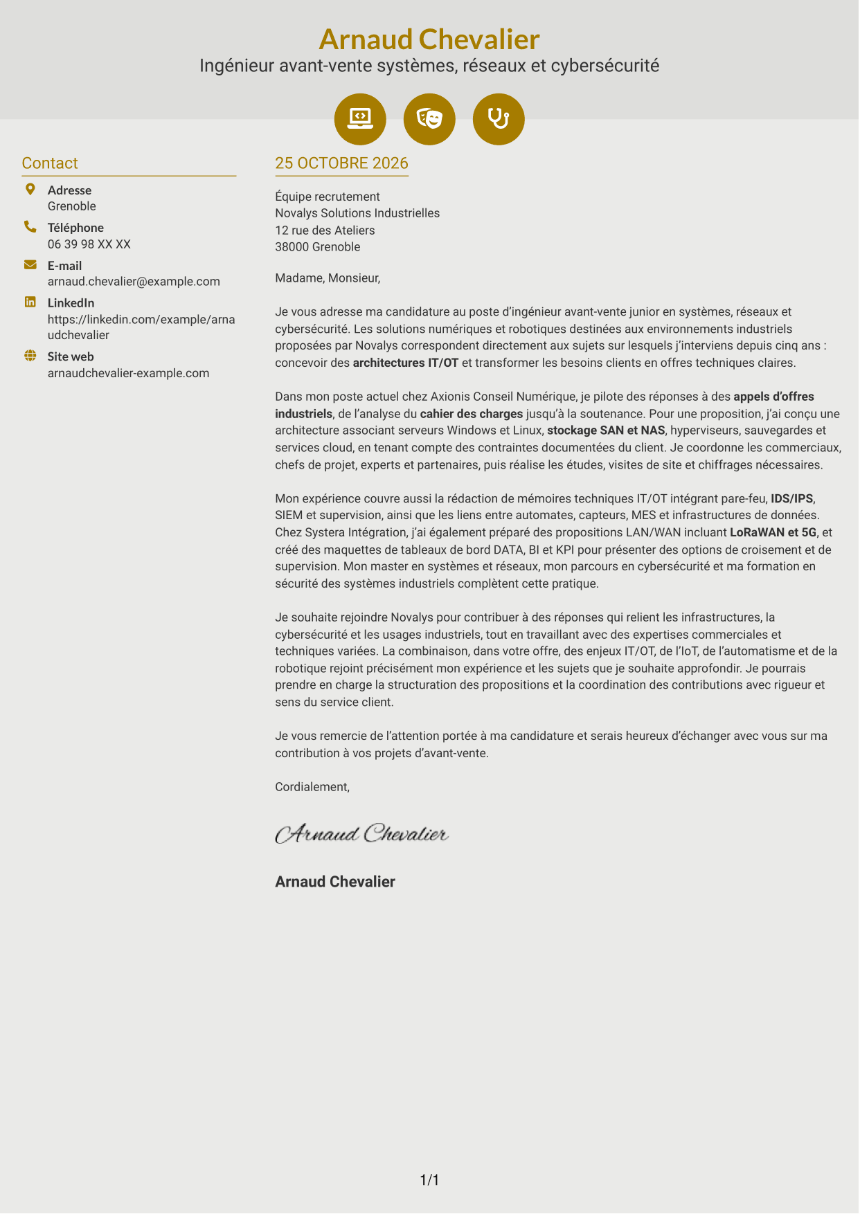 Lettre de motivation Dynamique (format à deux colonnes avec icônes) : Ingénieur Avant-Vente Junior - Systèmes, Réseaux et Cybersécurité, page 1