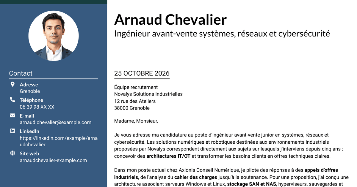 7 modèles de lettre de motivation pour Ingénieur Avant-Vente Junior - Systèmes, Réseaux et Cybersécurité, avec exemples
