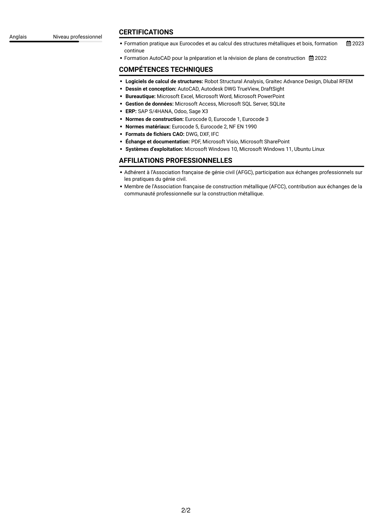 CV Compact (format sobre à deux colonnes avec photo) : Ingénieur calcul de structures junior - structures métalliques et bois, page 2