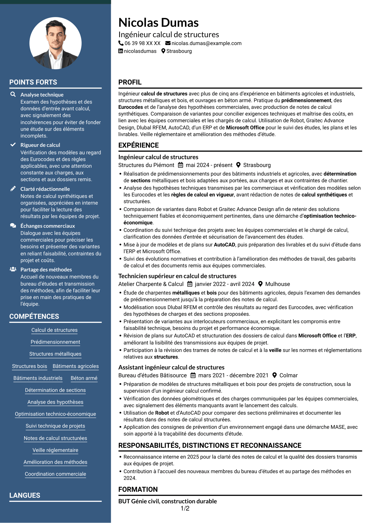 CV Élégant (format à colonne latérale colorée avec photo) : Ingénieur calcul de structures junior - structures métalliques et bois, page 1