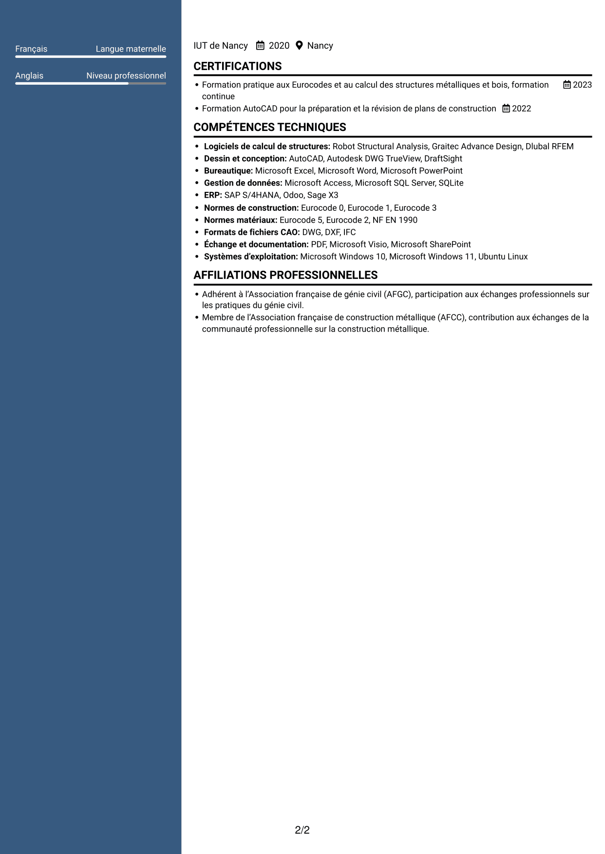 CV Élégant (format à colonne latérale colorée avec photo) : Ingénieur calcul de structures junior - structures métalliques et bois, page 2