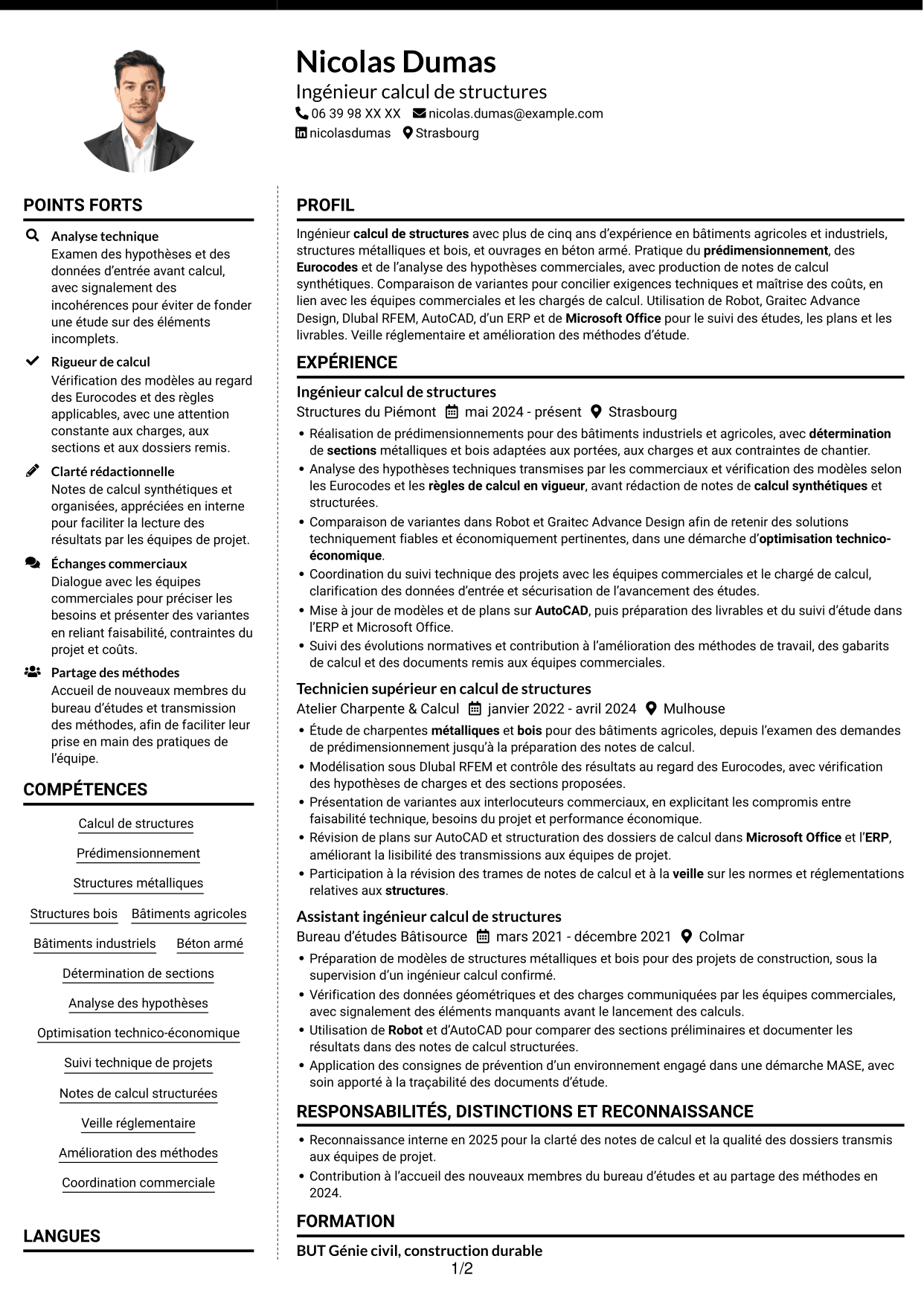 CV Moderne (format à deux colonnes avec photo à gauche et séparateur) : Ingénieur calcul de structures junior - structures métalliques et bois, page 1