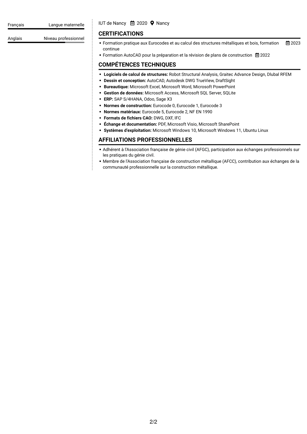 CV Moderne (format à deux colonnes avec photo à gauche et séparateur) : Ingénieur calcul de structures junior - structures métalliques et bois, page 2