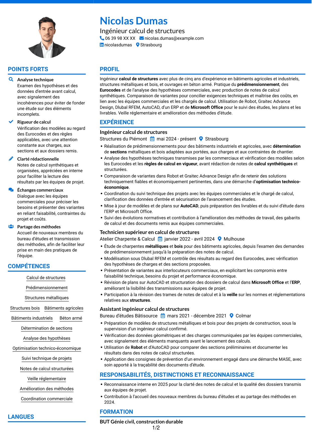 CV Audacieux (format à deux colonnes avec accents colorés et photo) : Ingénieur calcul de structures junior - structures métalliques et bois, page 1