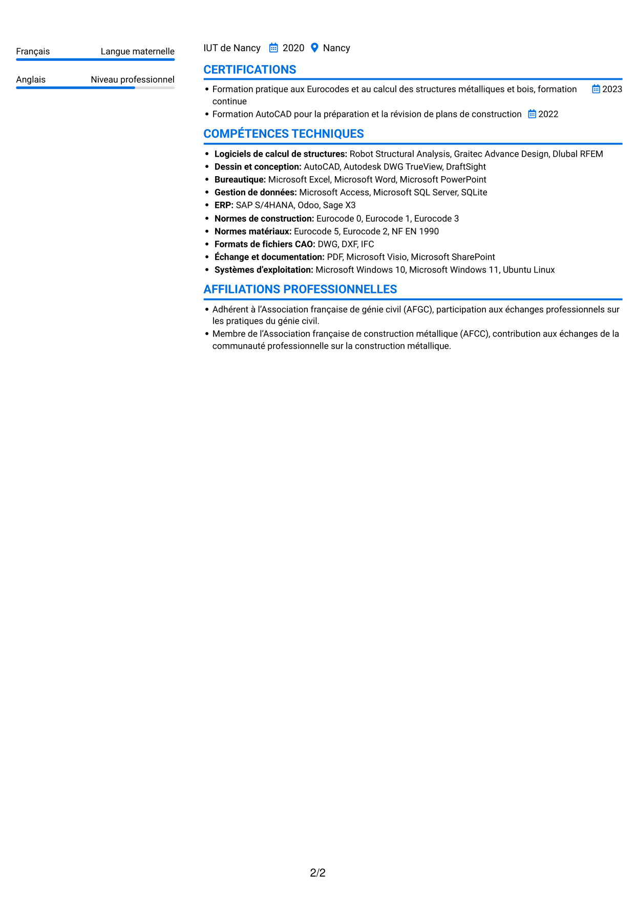 CV Audacieux (format à deux colonnes avec accents colorés et photo) : Ingénieur calcul de structures junior - structures métalliques et bois, page 2
