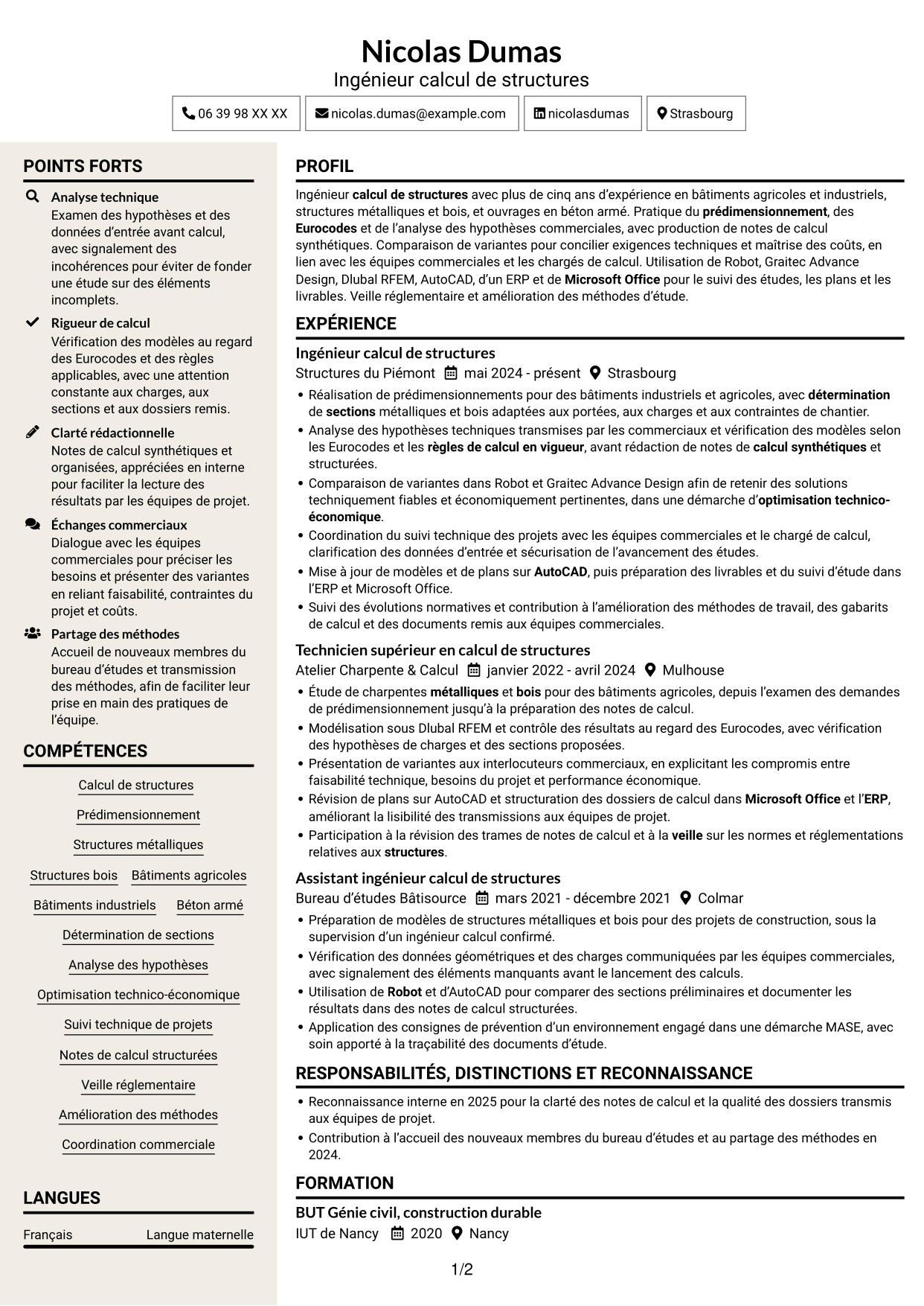 CV Fonceur (format à deux colonnes avec en-tête centré sans photo) : Ingénieur calcul de structures junior - structures métalliques et bois, page 1