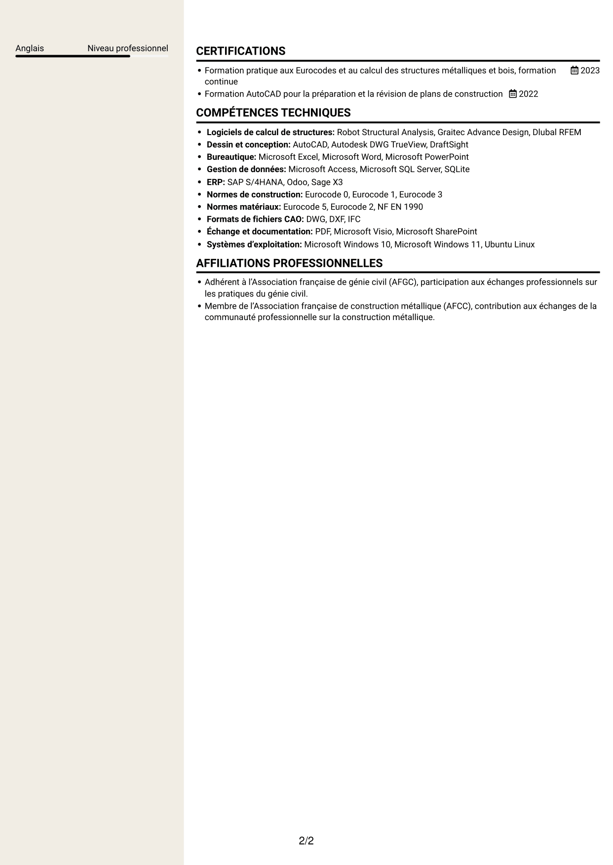 CV Fonceur (format à deux colonnes avec en-tête centré sans photo) : Ingénieur calcul de structures junior - structures métalliques et bois, page 2