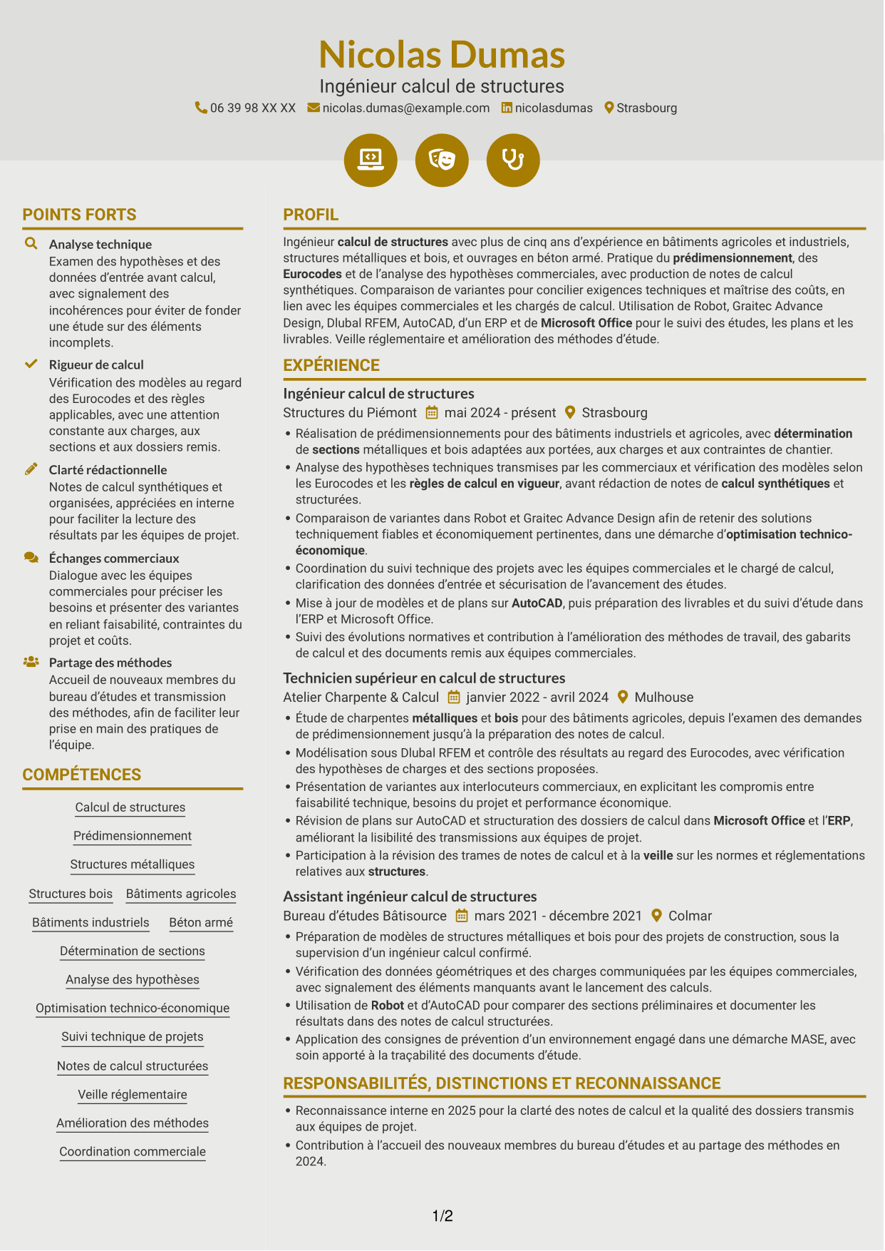 CV Dynamique (format à deux colonnes avec icônes) : Ingénieur calcul de structures junior - structures métalliques et bois, page 1
