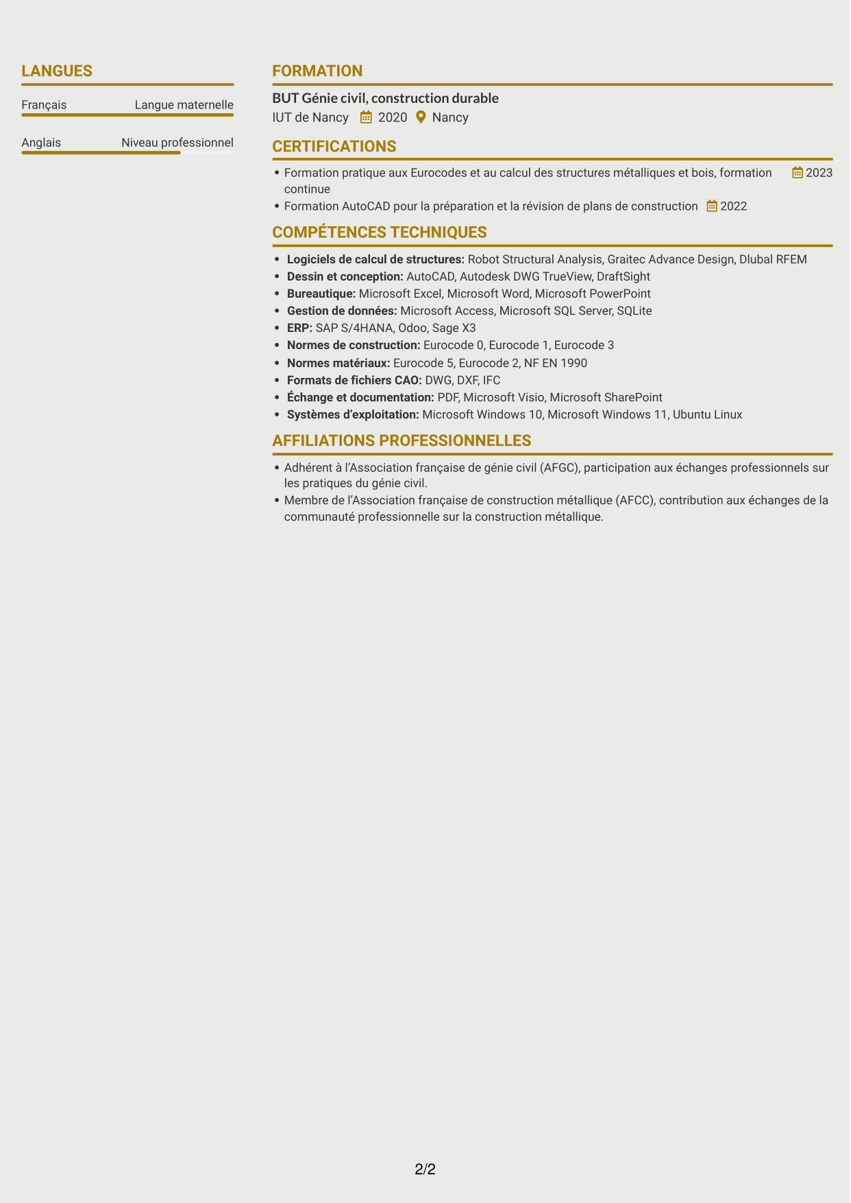CV Dynamique (format à deux colonnes avec icônes) : Ingénieur calcul de structures junior - structures métalliques et bois, page 2
