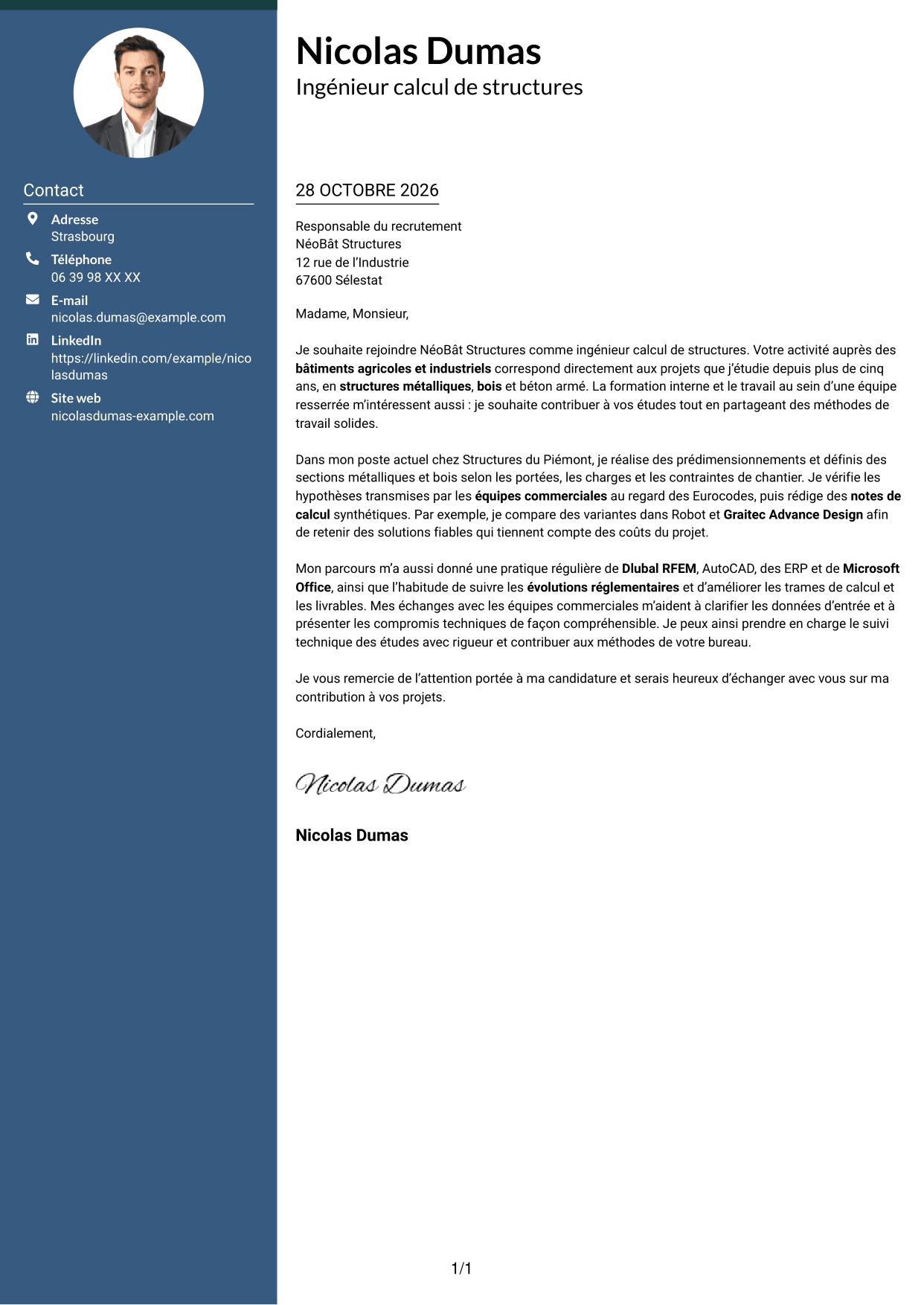 Lettre de motivation Élégant (format à colonne latérale colorée avec photo) : Ingénieur calcul de structures junior - structures métalliques et bois, page 1