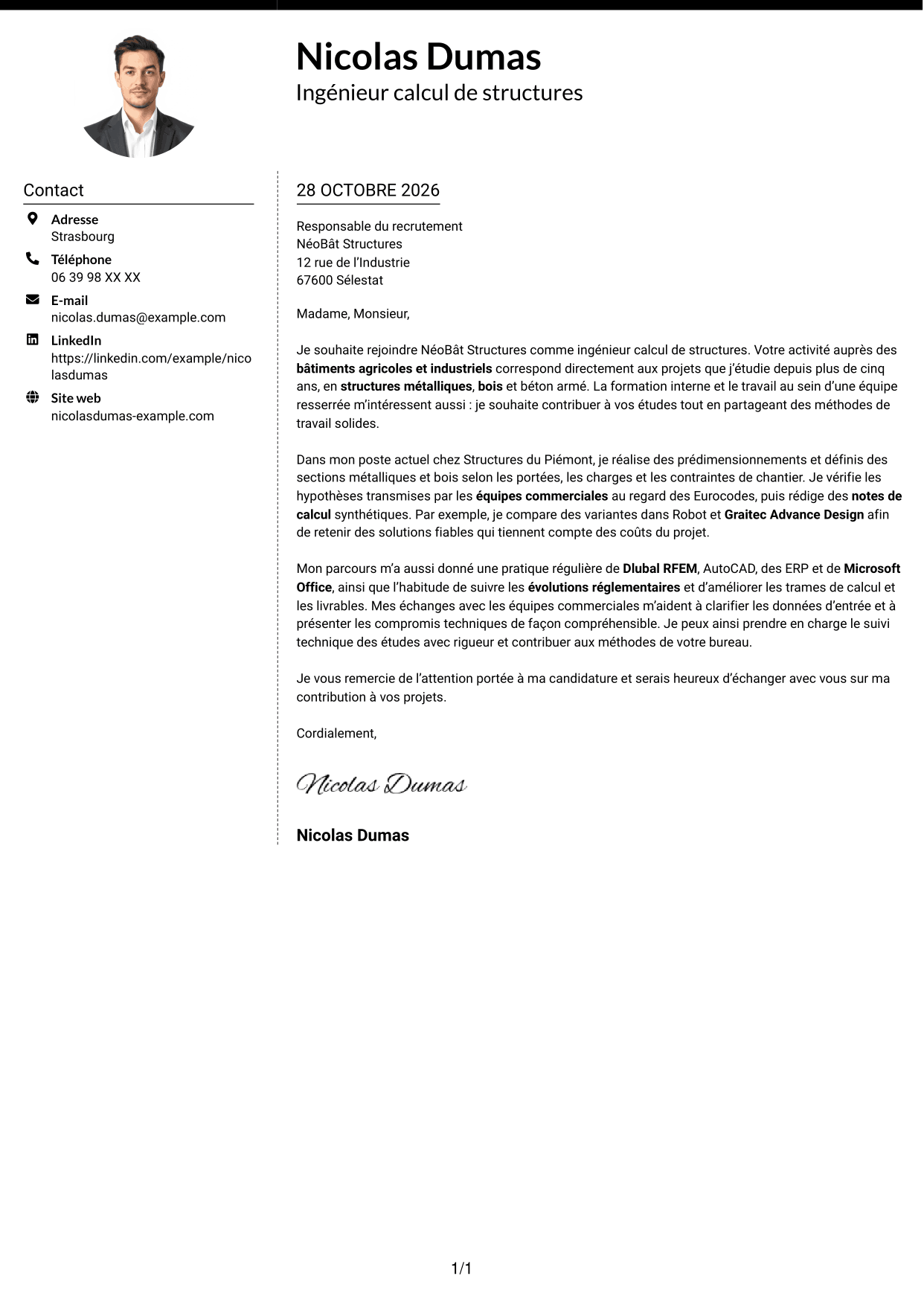 Lettre de motivation Moderne (format à deux colonnes avec photo à gauche et séparateur) : Ingénieur calcul de structures junior - structures métalliques et bois, page 1