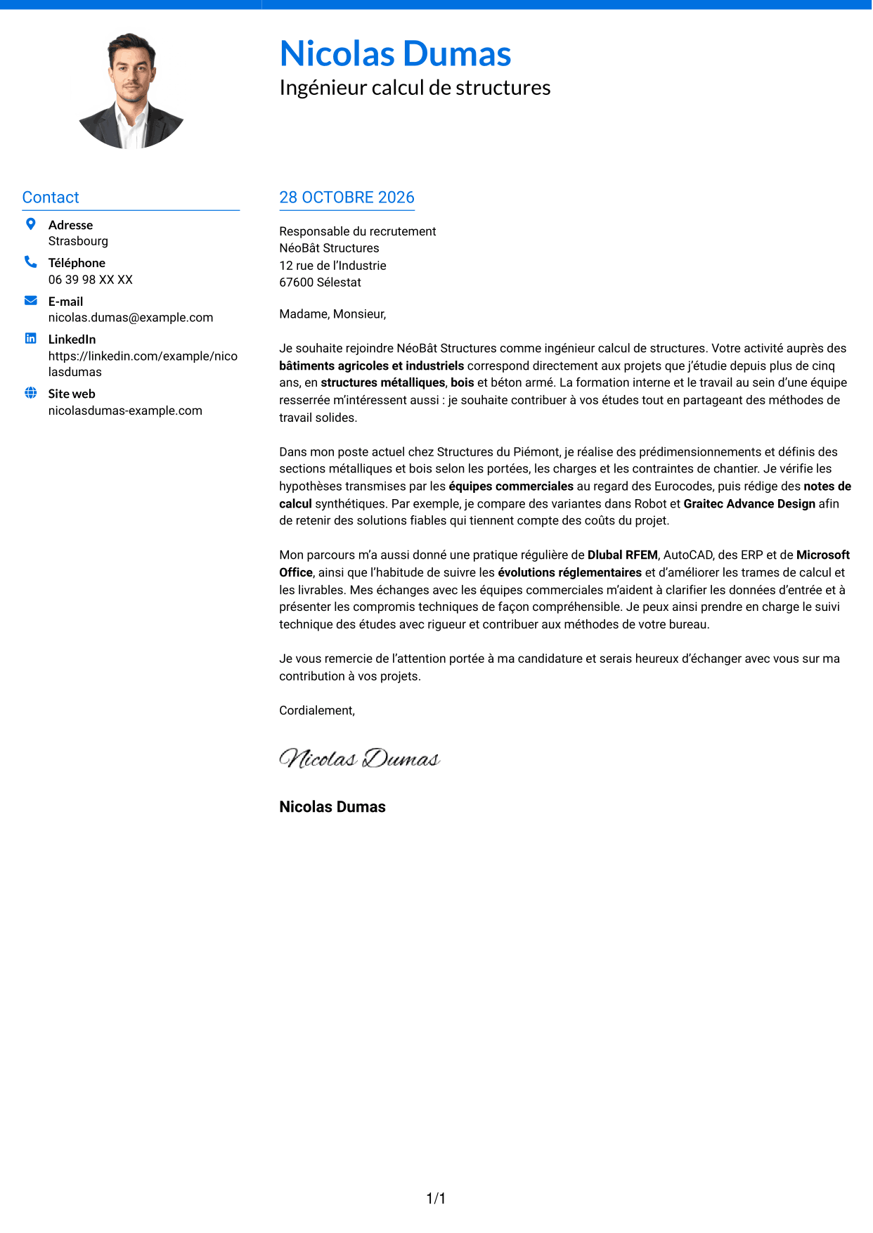 Lettre de motivation Audacieux (format à deux colonnes avec accents colorés et photo) : Ingénieur calcul de structures junior - structures métalliques et bois, page 1