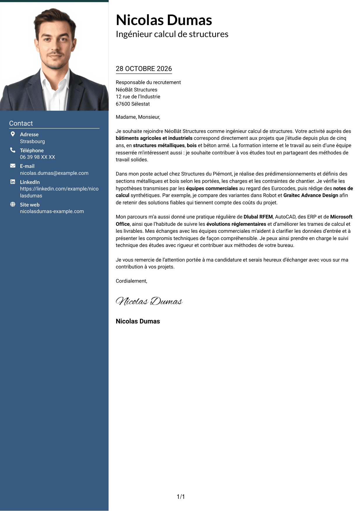 Lettre de motivation Signature (format à colonne latérale colorée avec grande photo) : Ingénieur calcul de structures junior - structures métalliques et bois, page 1