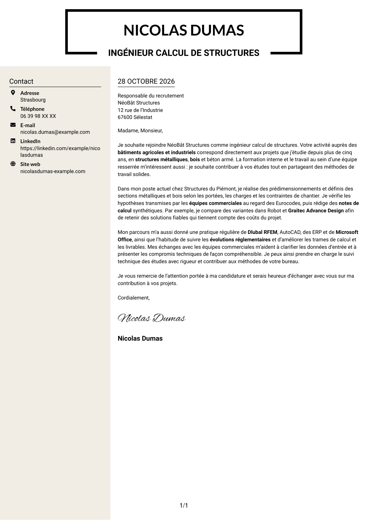 Lettre de motivation Fonceur (format à deux colonnes avec en-tête centré sans photo) : Ingénieur calcul de structures junior - structures métalliques et bois, page 1