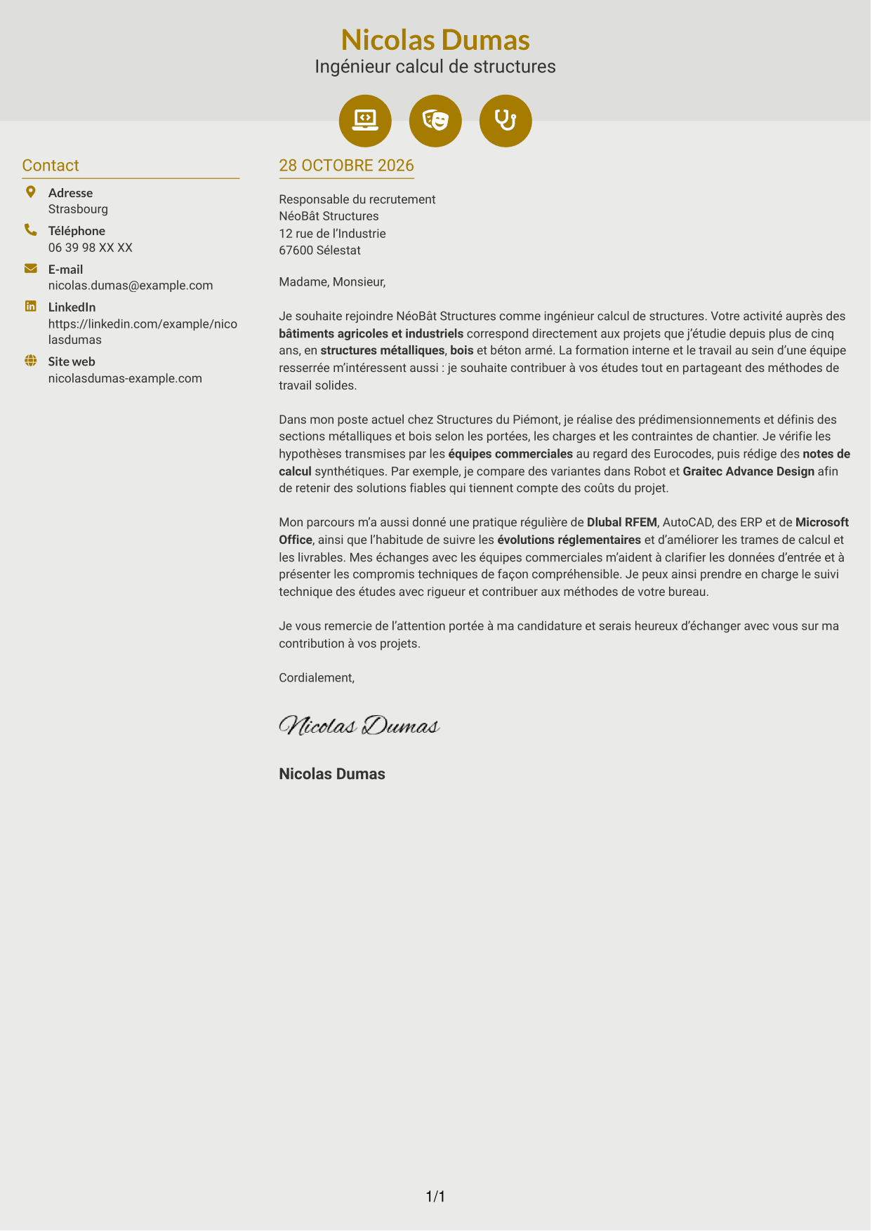 Lettre de motivation Dynamique (format à deux colonnes avec icônes) : Ingénieur calcul de structures junior - structures métalliques et bois, page 1