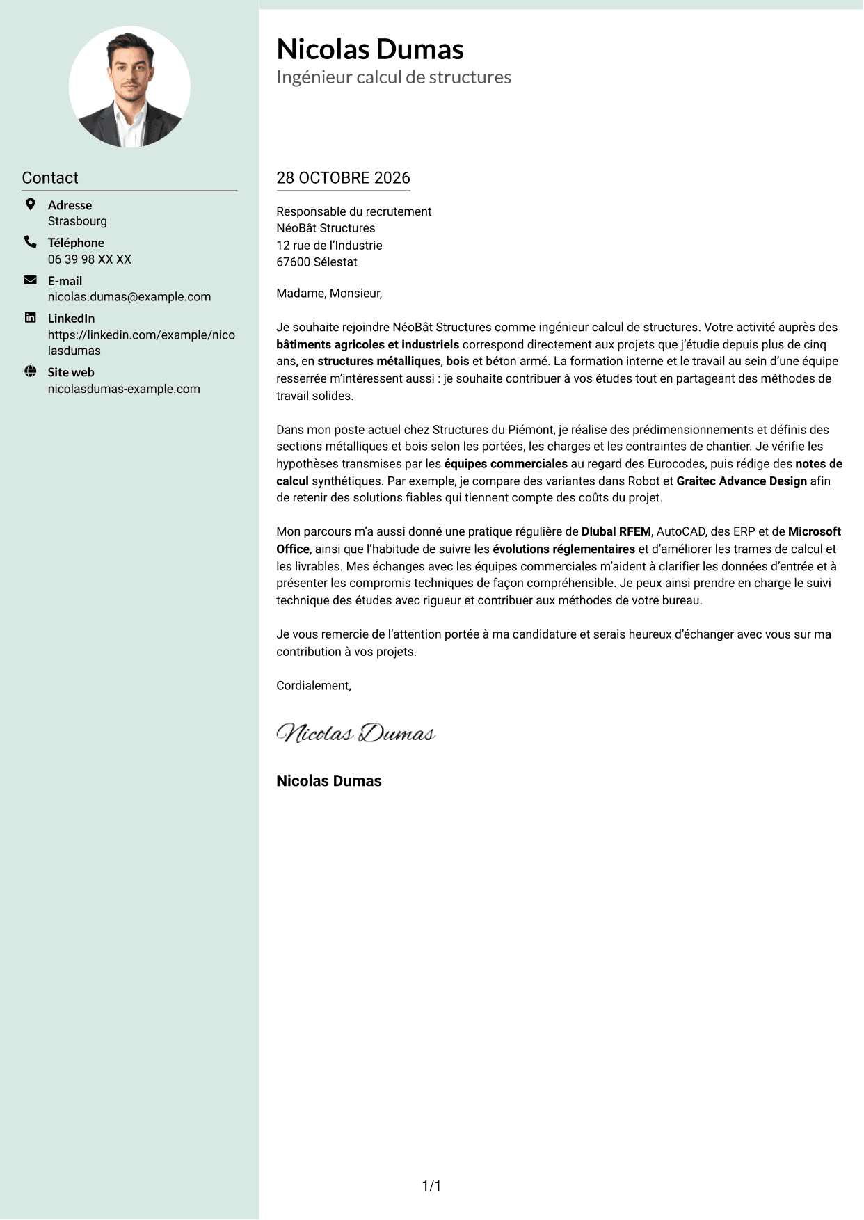 Lettre de motivation Cadre (format à colonne latérale douce avec photo arrondie) : Ingénieur calcul de structures junior - structures métalliques et bois, page 1