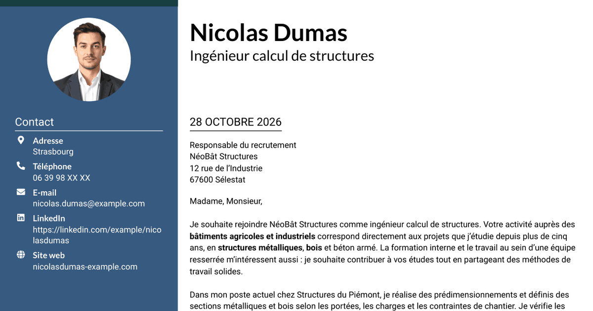 7 modèles de lettre de motivation pour Ingénieur calcul de structures junior - structures métalliques et bois, avec exemples