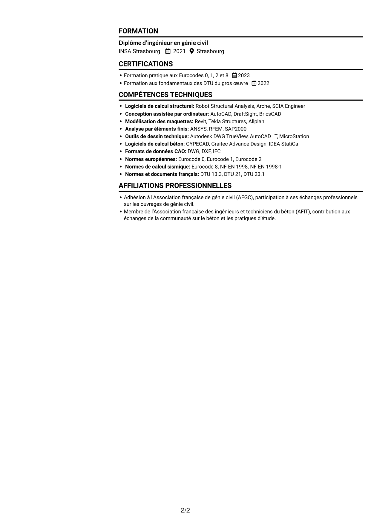 CV Compact (format sobre à deux colonnes avec photo) : Ingénieur calcul de structures - Ouvrages de métro, page 2