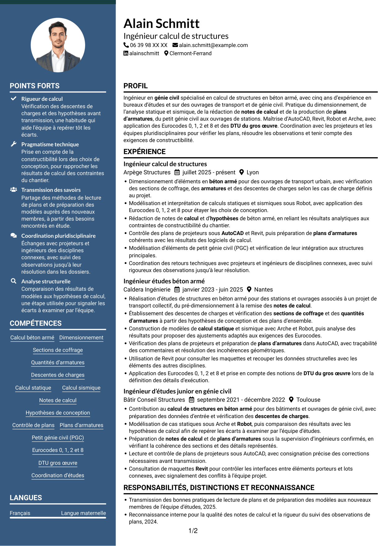 CV Élégant (format à colonne latérale colorée avec photo) : Ingénieur calcul de structures - Ouvrages de métro, page 1