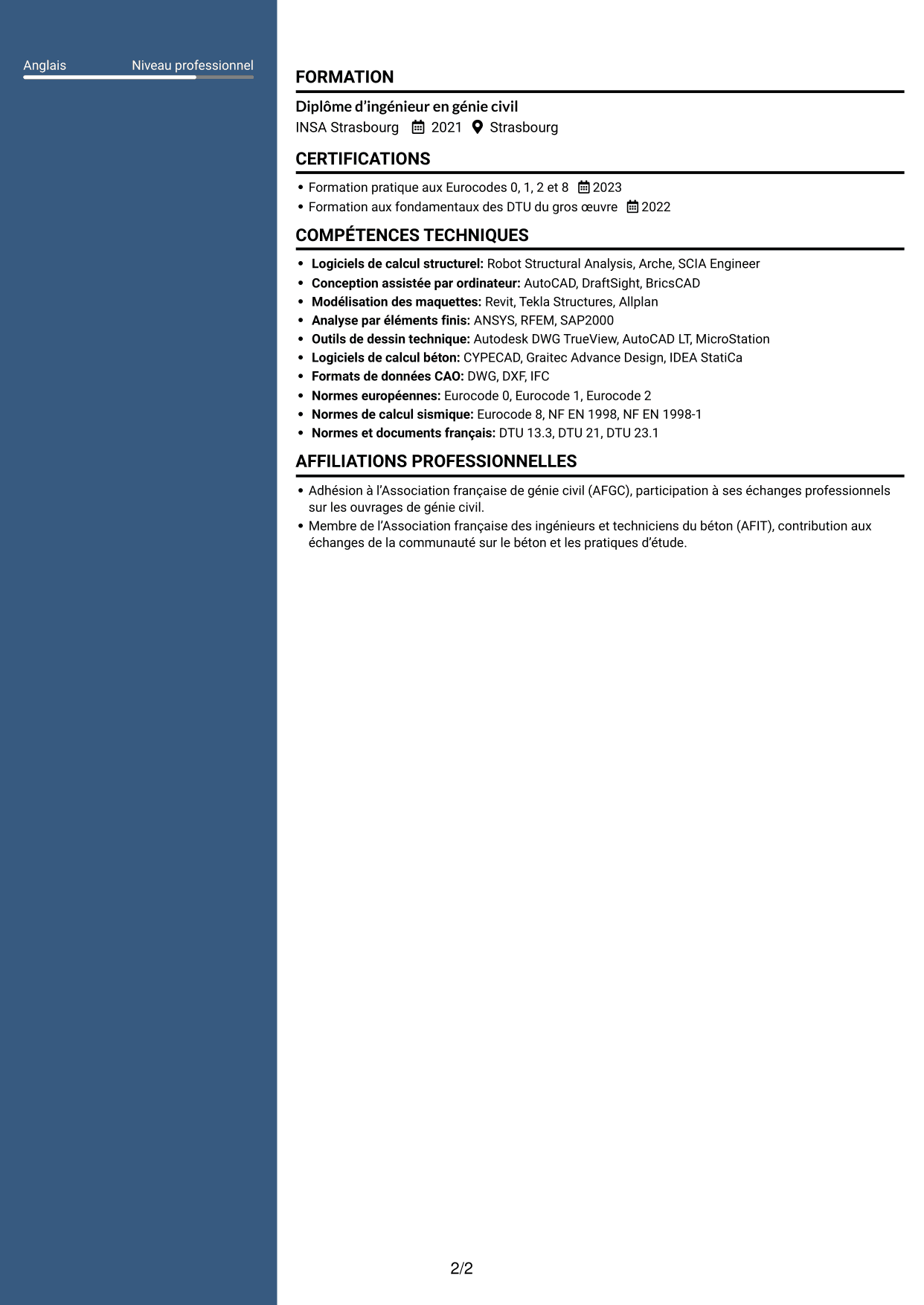 CV Élégant (format à colonne latérale colorée avec photo) : Ingénieur calcul de structures - Ouvrages de métro, page 2