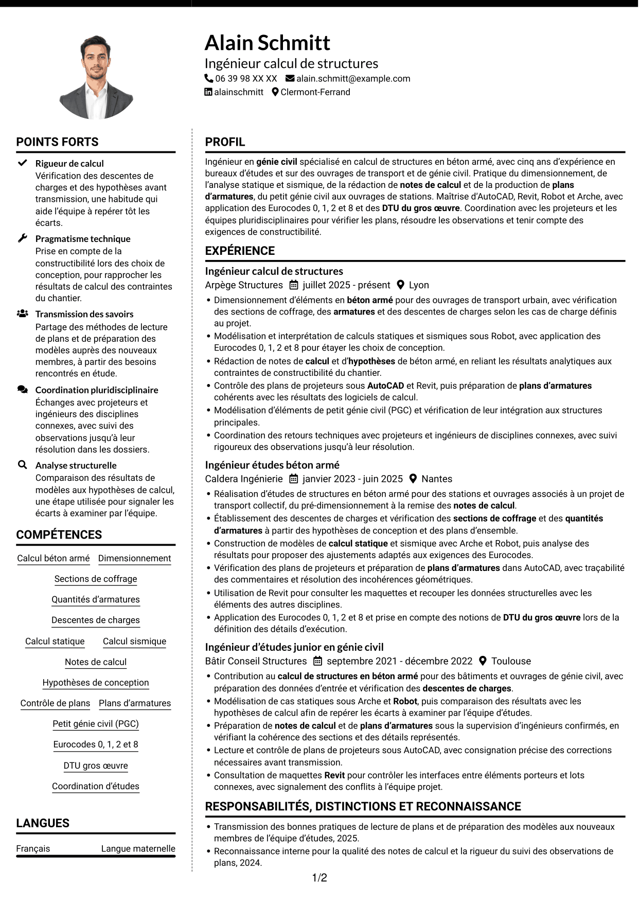 CV Moderne (format à deux colonnes avec photo à gauche et séparateur) : Ingénieur calcul de structures - Ouvrages de métro, page 1