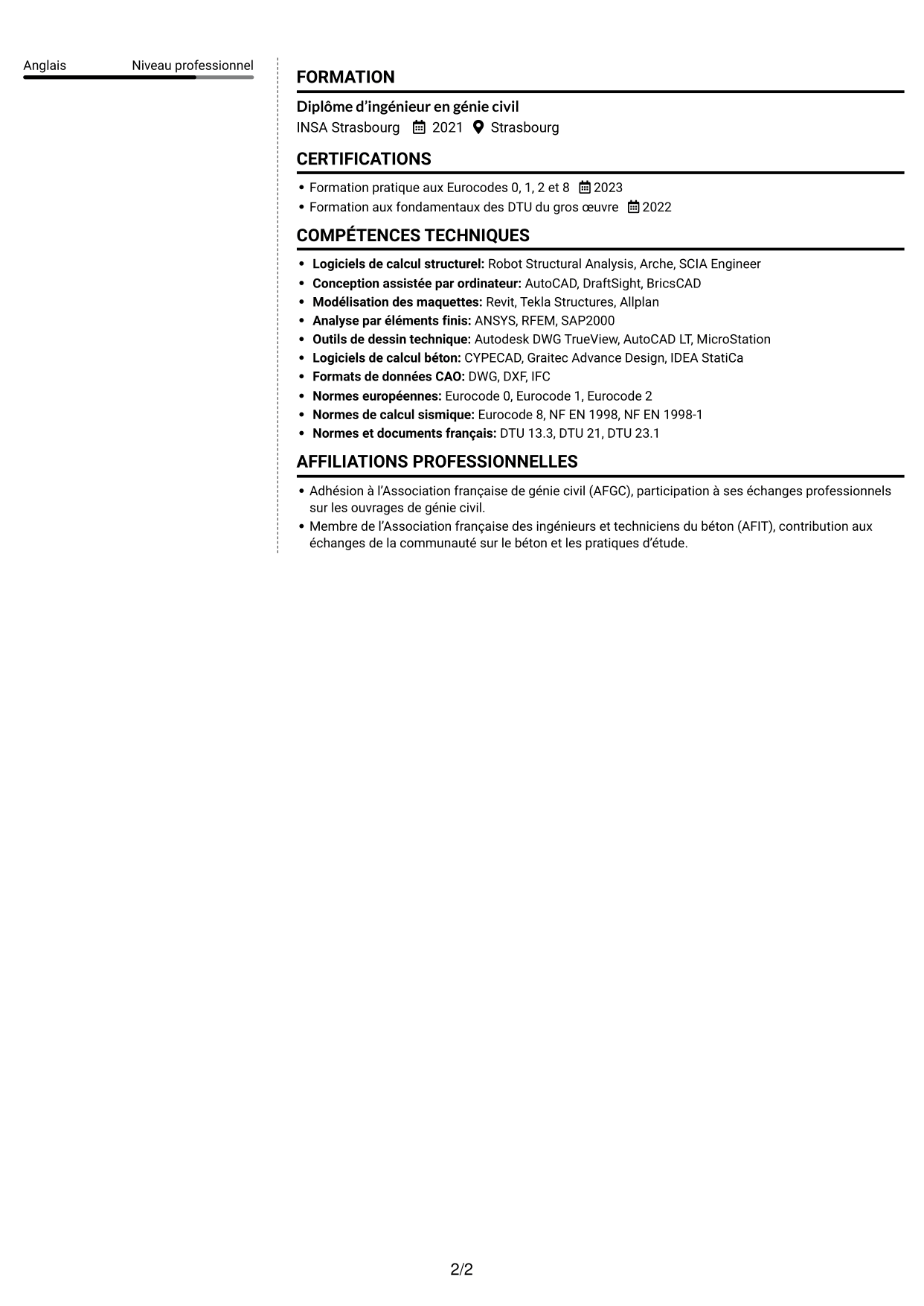 CV Moderne (format à deux colonnes avec photo à gauche et séparateur) : Ingénieur calcul de structures - Ouvrages de métro, page 2