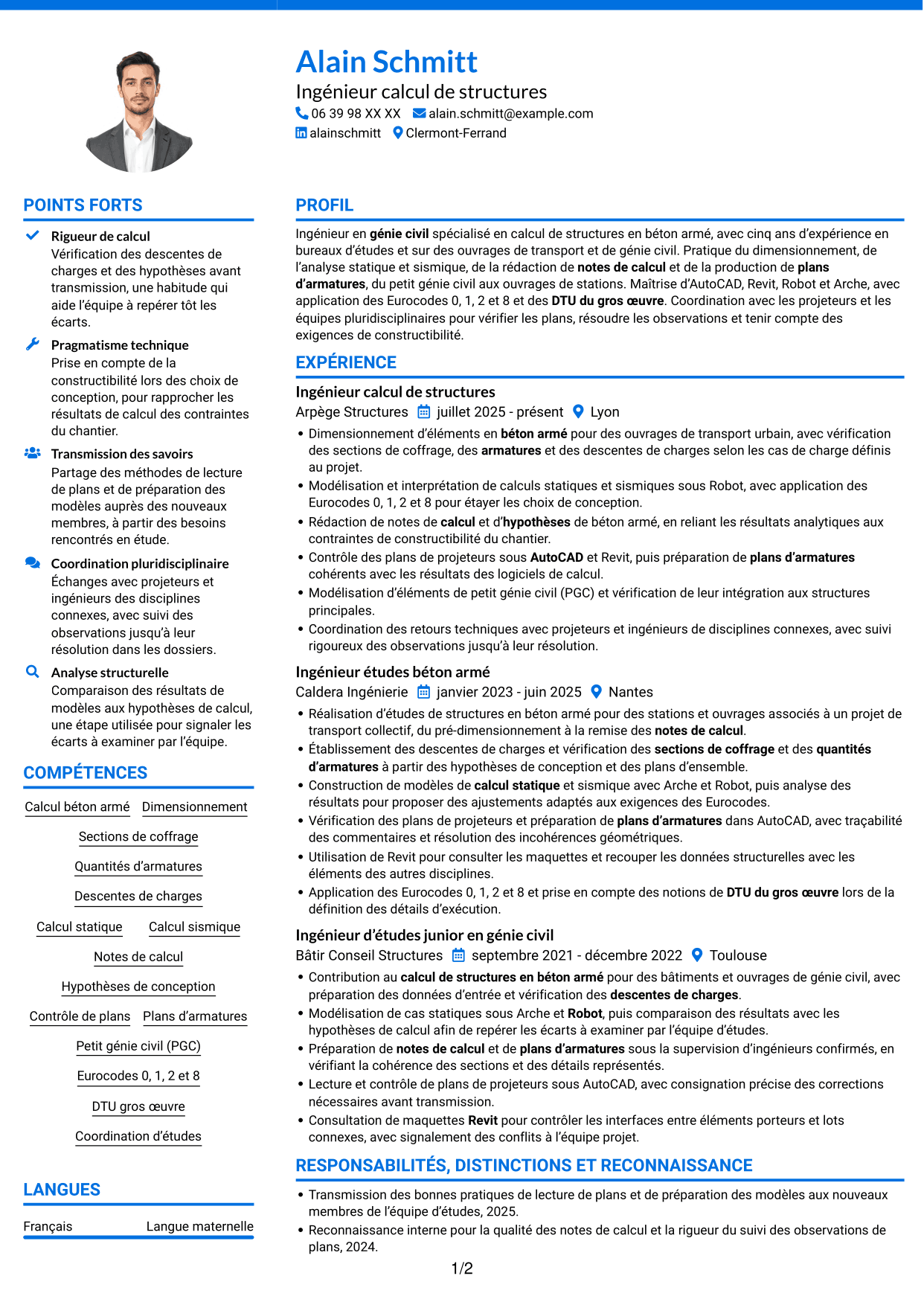 CV Audacieux (format à deux colonnes avec accents colorés et photo) : Ingénieur calcul de structures - Ouvrages de métro, page 1