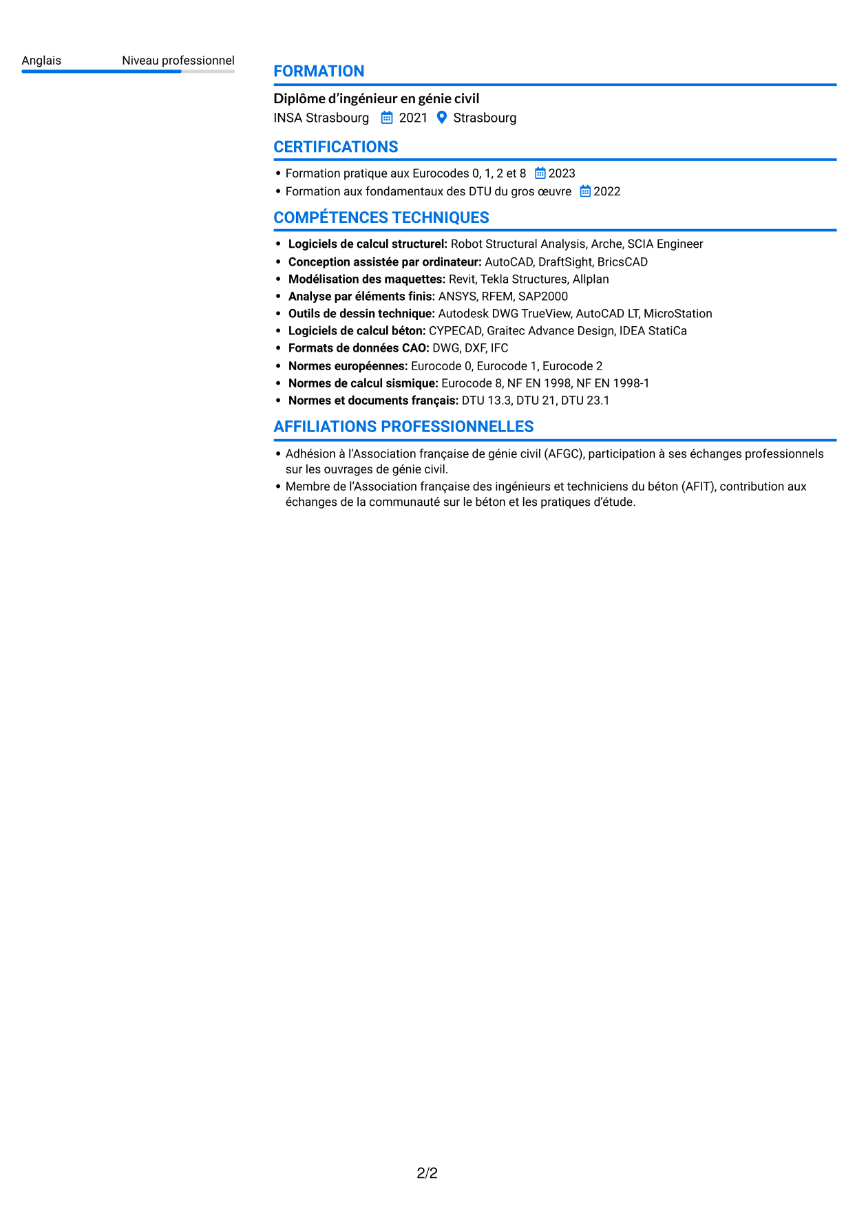 CV Audacieux (format à deux colonnes avec accents colorés et photo) : Ingénieur calcul de structures - Ouvrages de métro, page 2